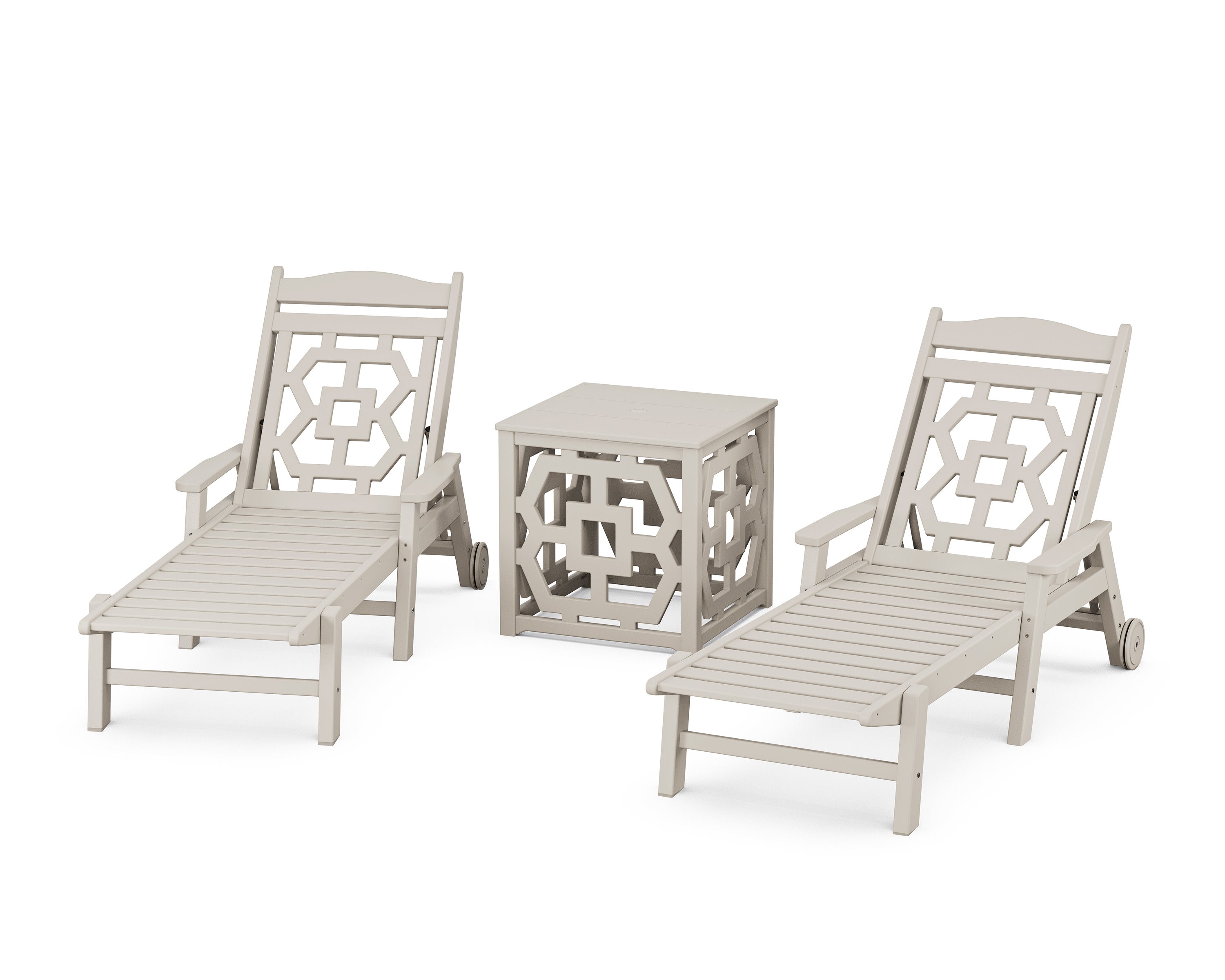Chinoiserie 3-Piece Chaise Set with Umbrella Stand Accent Table in Sand