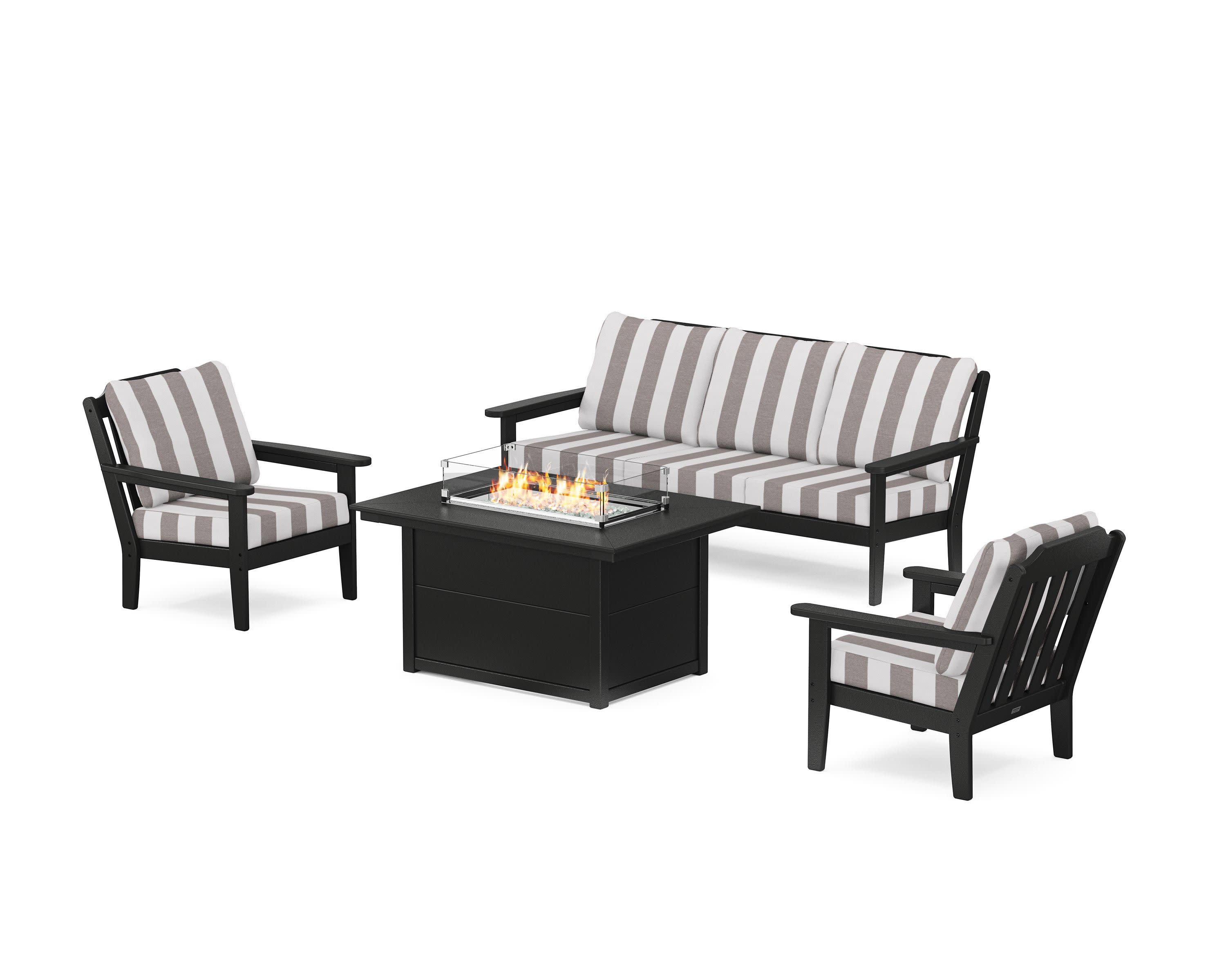 Cottage Deep Seating Fire Pit Table Set in Black / Cabana Stripe Grey Mist