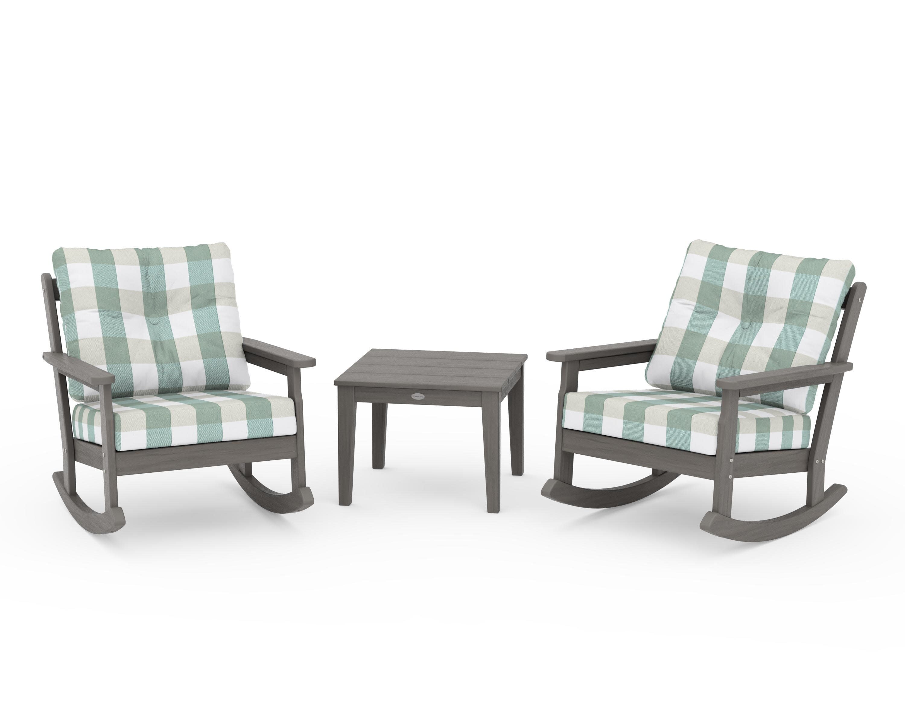 Vineyard 3-Piece Deep Seating Rocker Set in Driftwood / Buffalo Plaid Glacier Spa