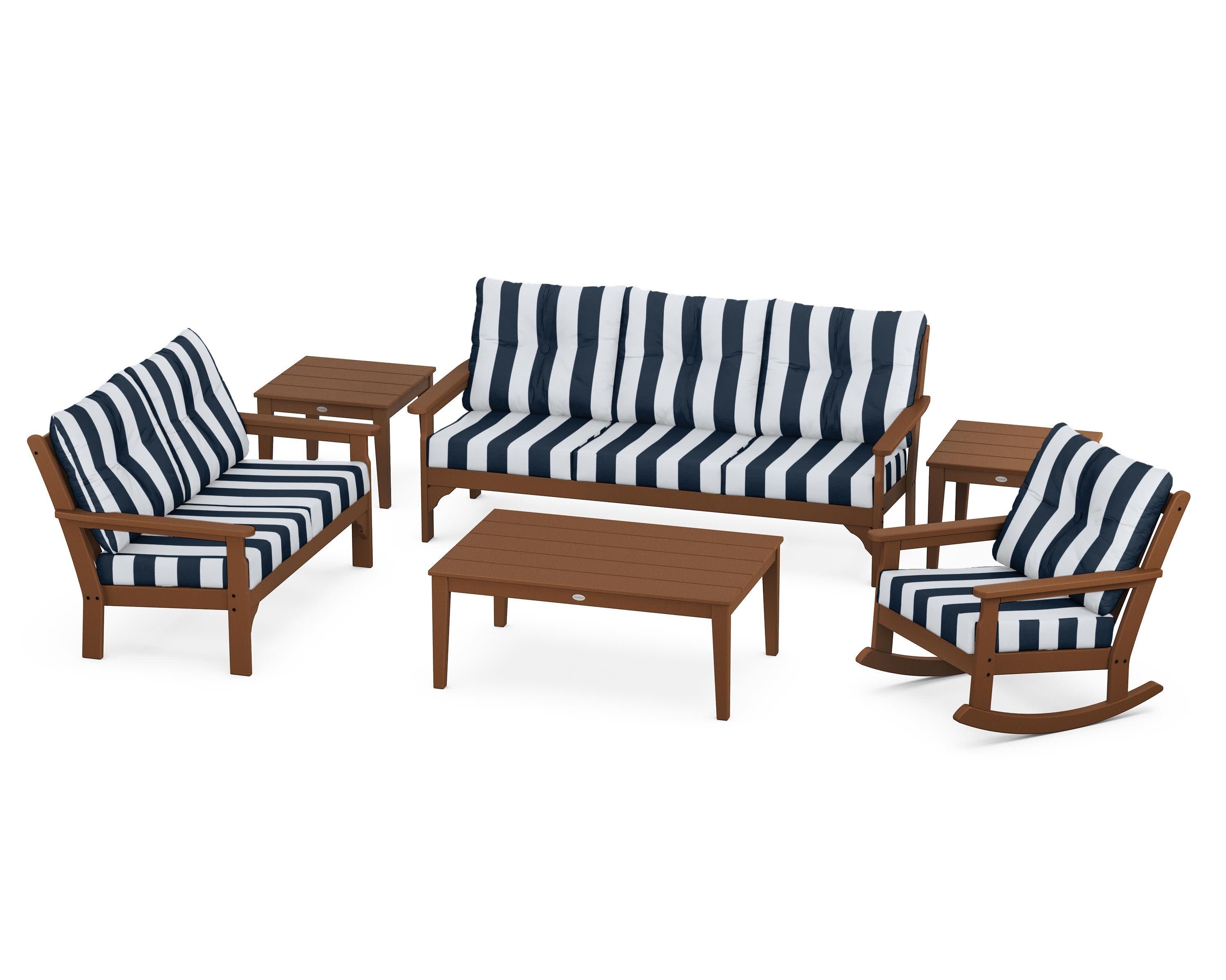 Vineyard 6-Piece Deep Seating Set in Teak / Cabana Stripe Marine Indigo