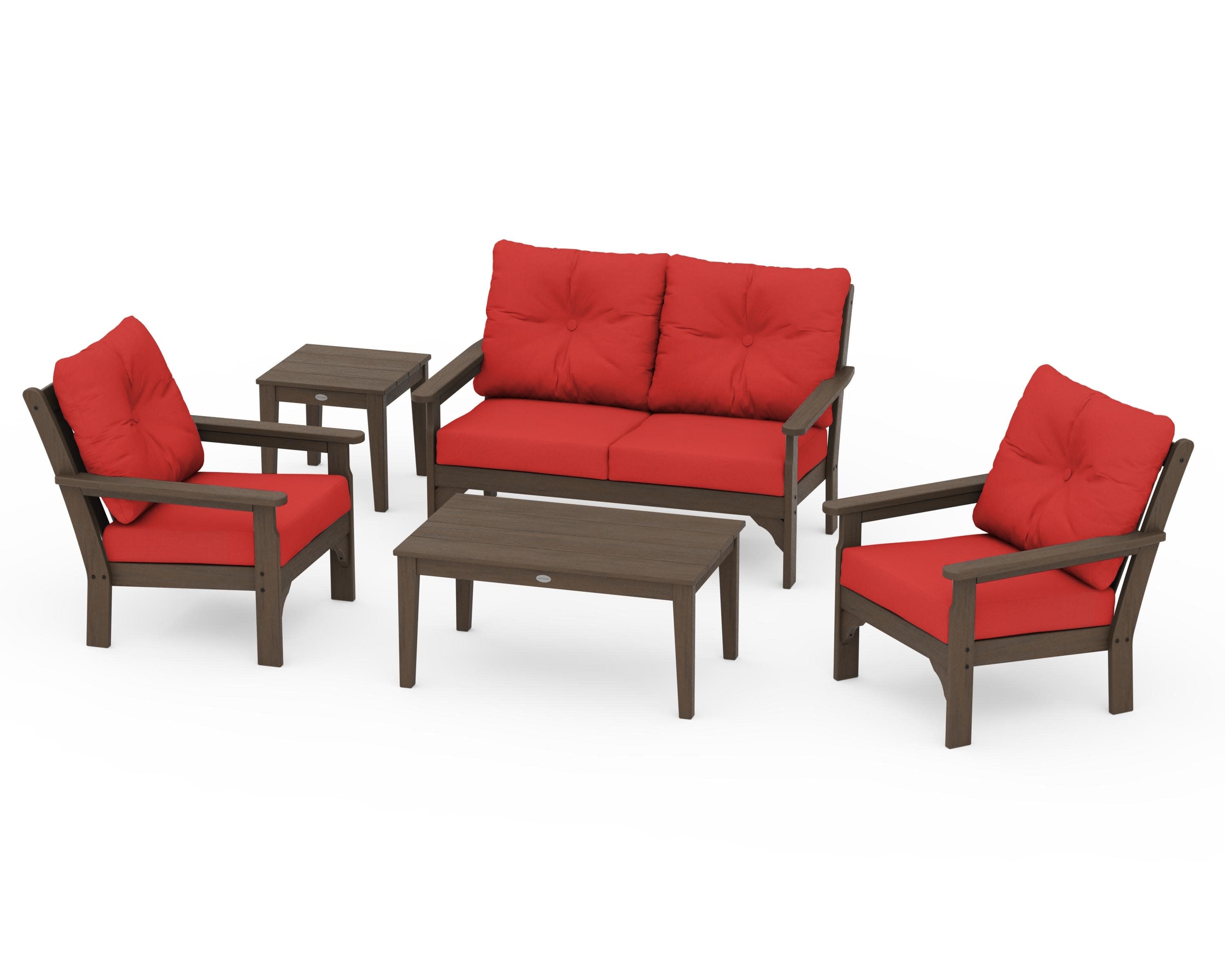 Vineyard 5-Piece Deep Seating Set in Kona / Crimson Linen
