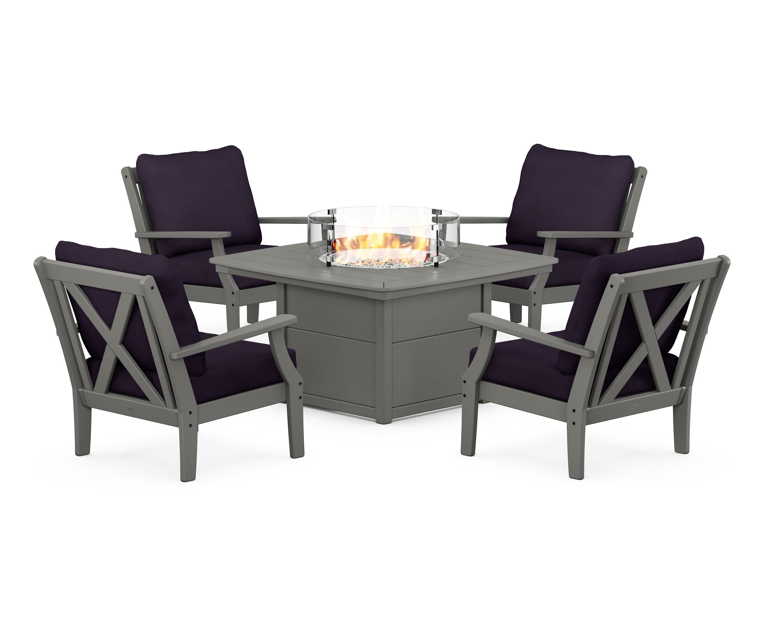 Braxton 5-Piece Deep Seating Conversation Set with Fire Pit Table in Slate Grey / Navy Linen