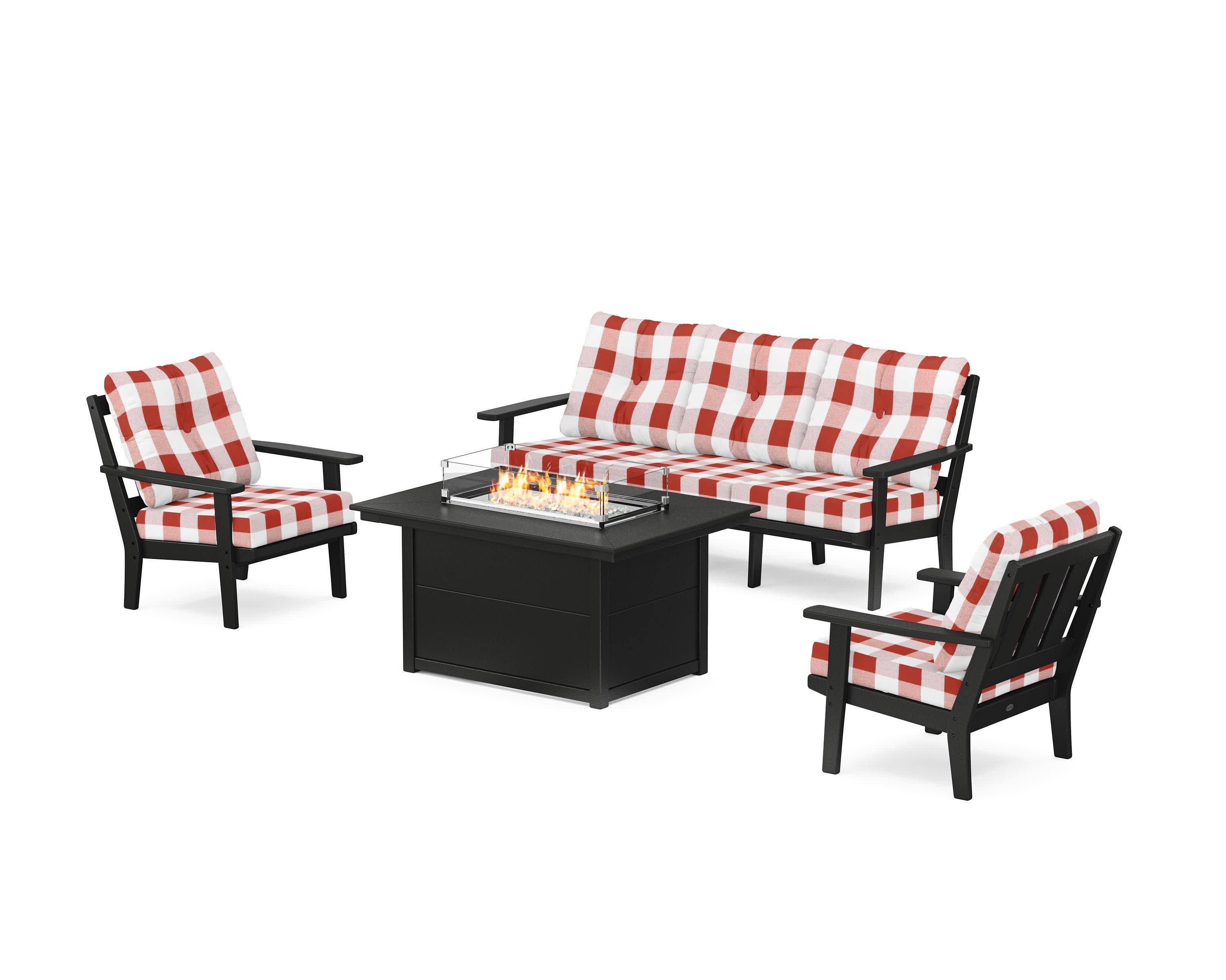 Oxford Deep Seating Fire Pit Table Set in Black / Buffalo Plaid Crimson
