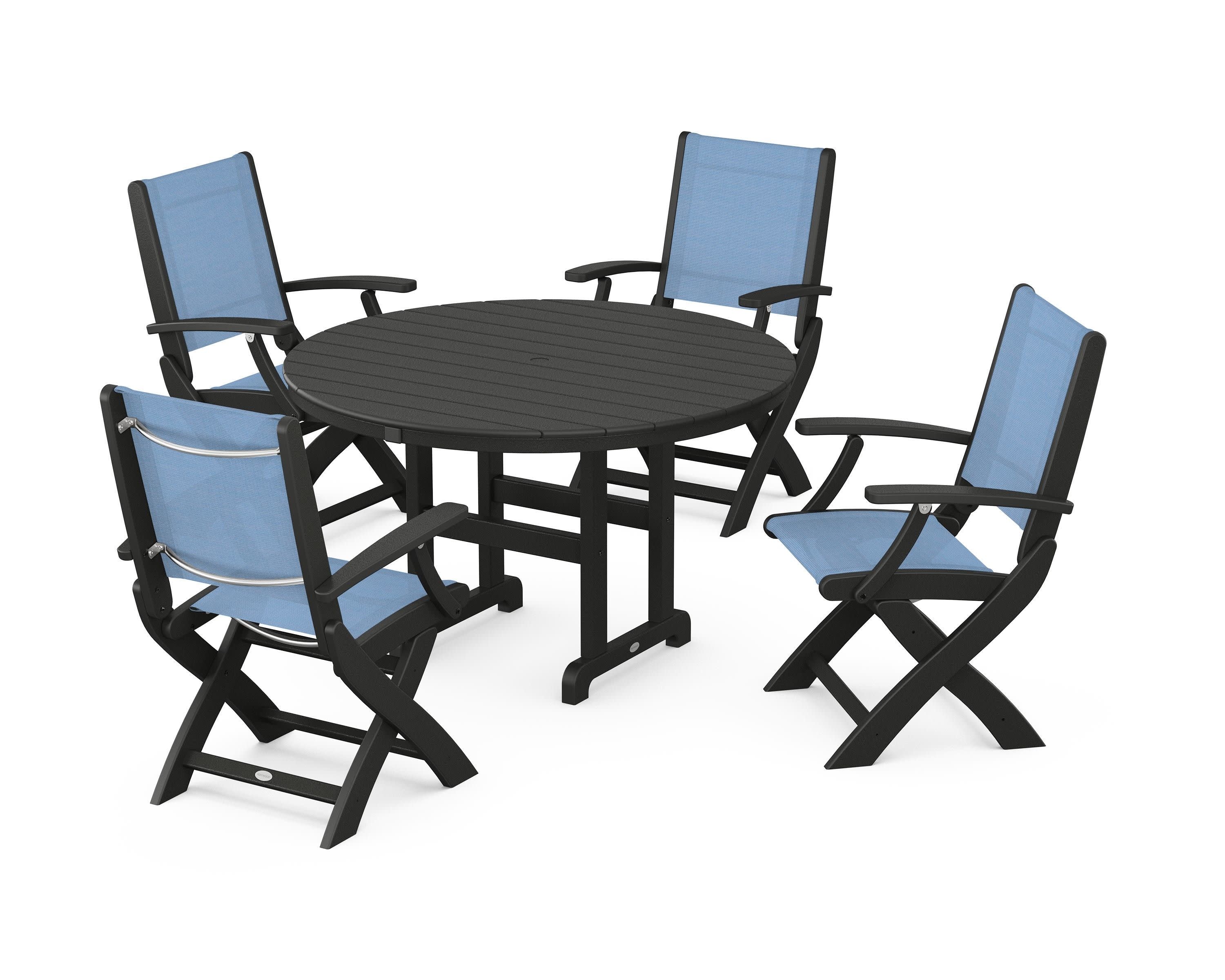 Coastal Folding Chair 5-Piece Round Dining Set in Black / Poolside Sling