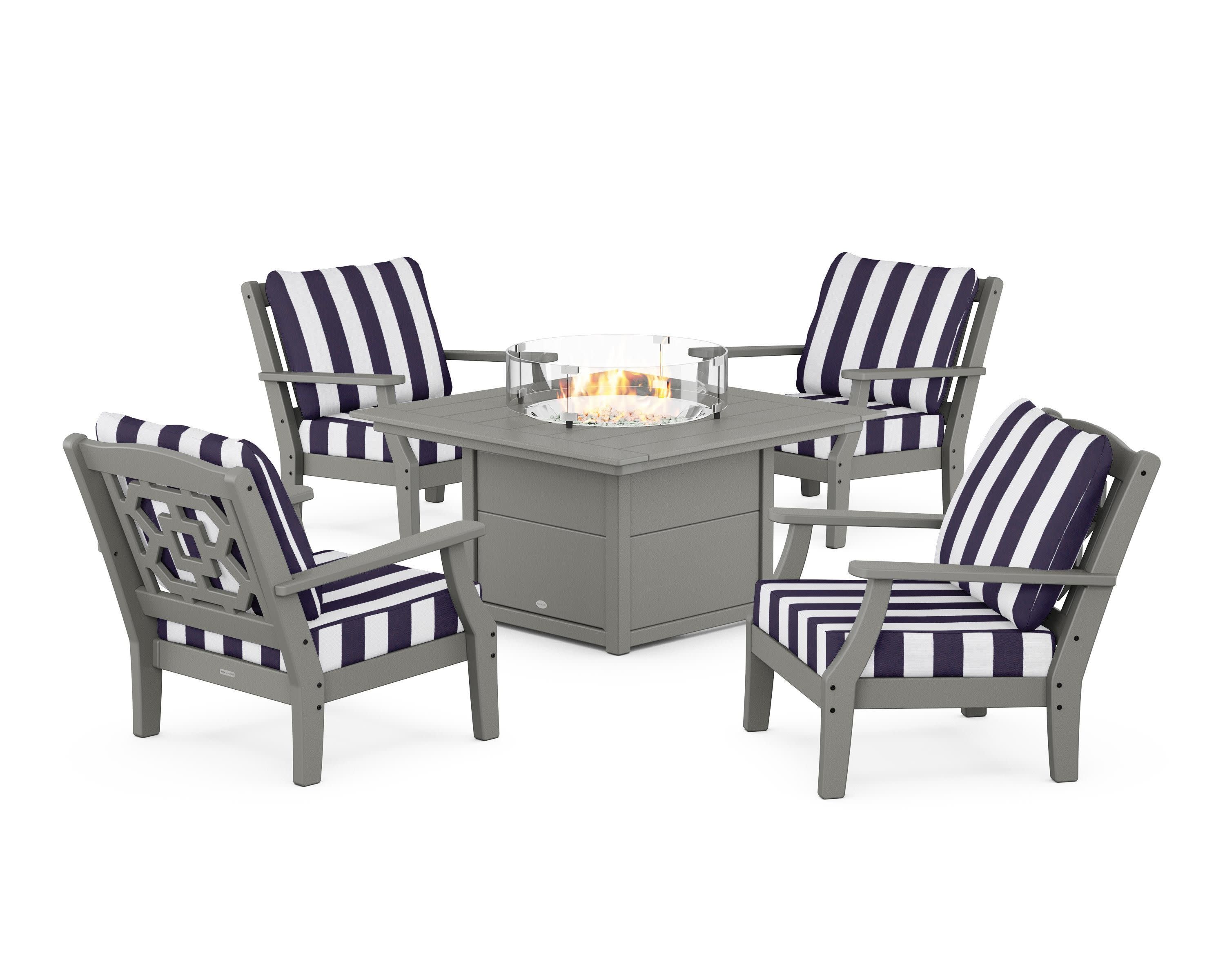 Chinoiserie 5-Piece Deep Seating Set with Fire Pit Table in Slate Grey / Cabana Stripe Navy