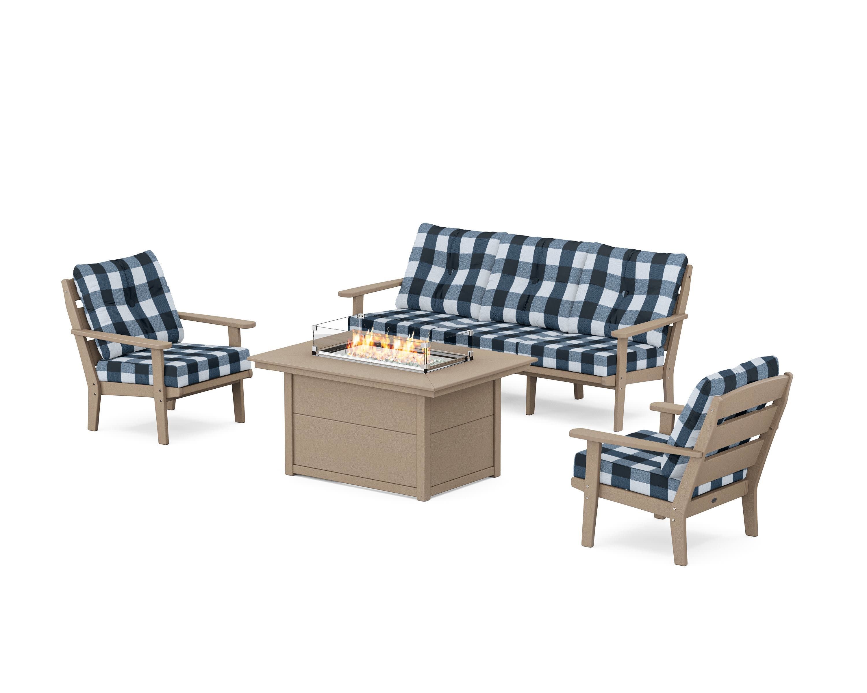 Lakeside Deep Seating Fire Pit Table Set in Vintage Sahara / Buffalo Plaid Marine Indigo