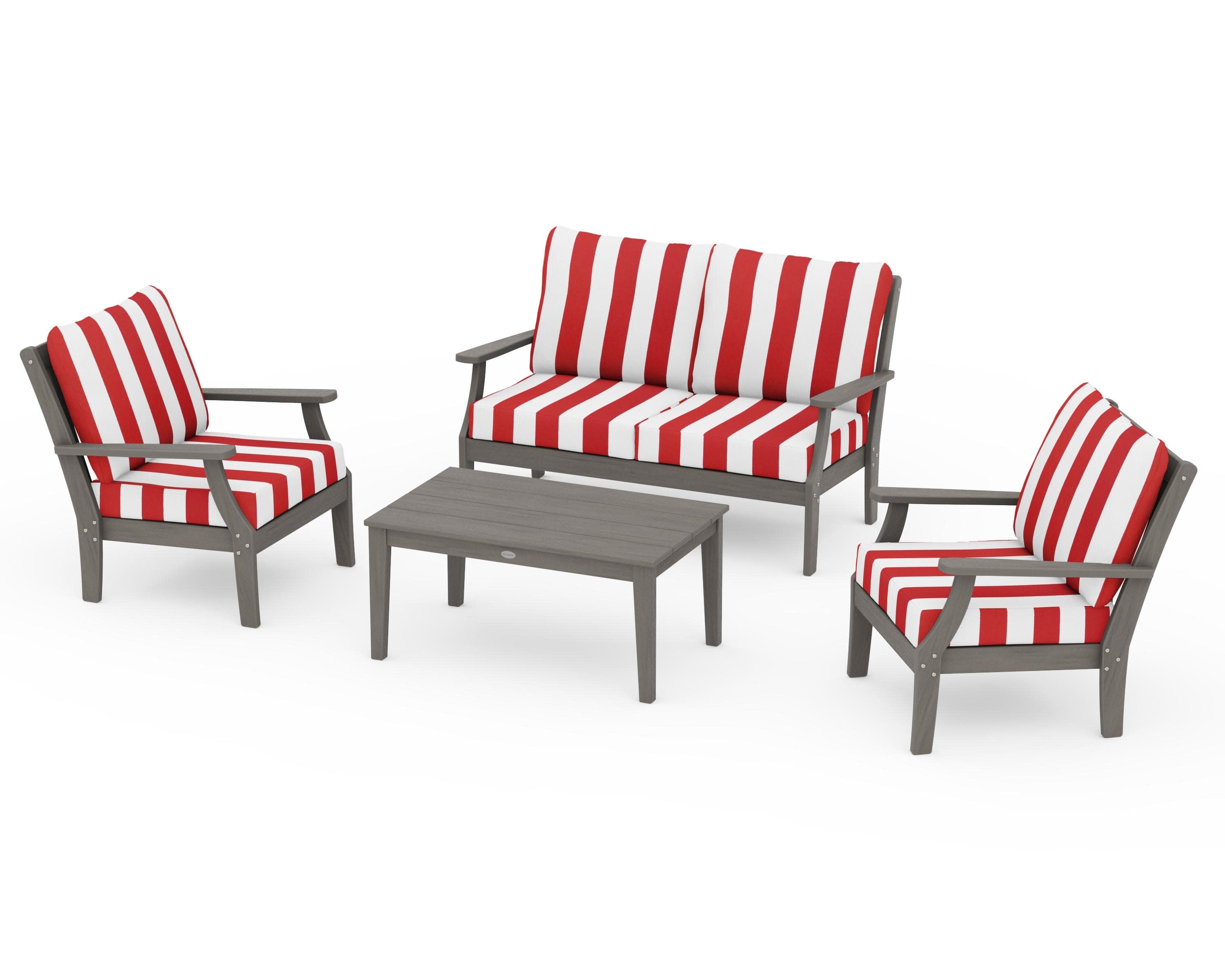 Braxton 4-Piece Deep Seating Chair Set in Driftwood / Cabana Stripe Crimson