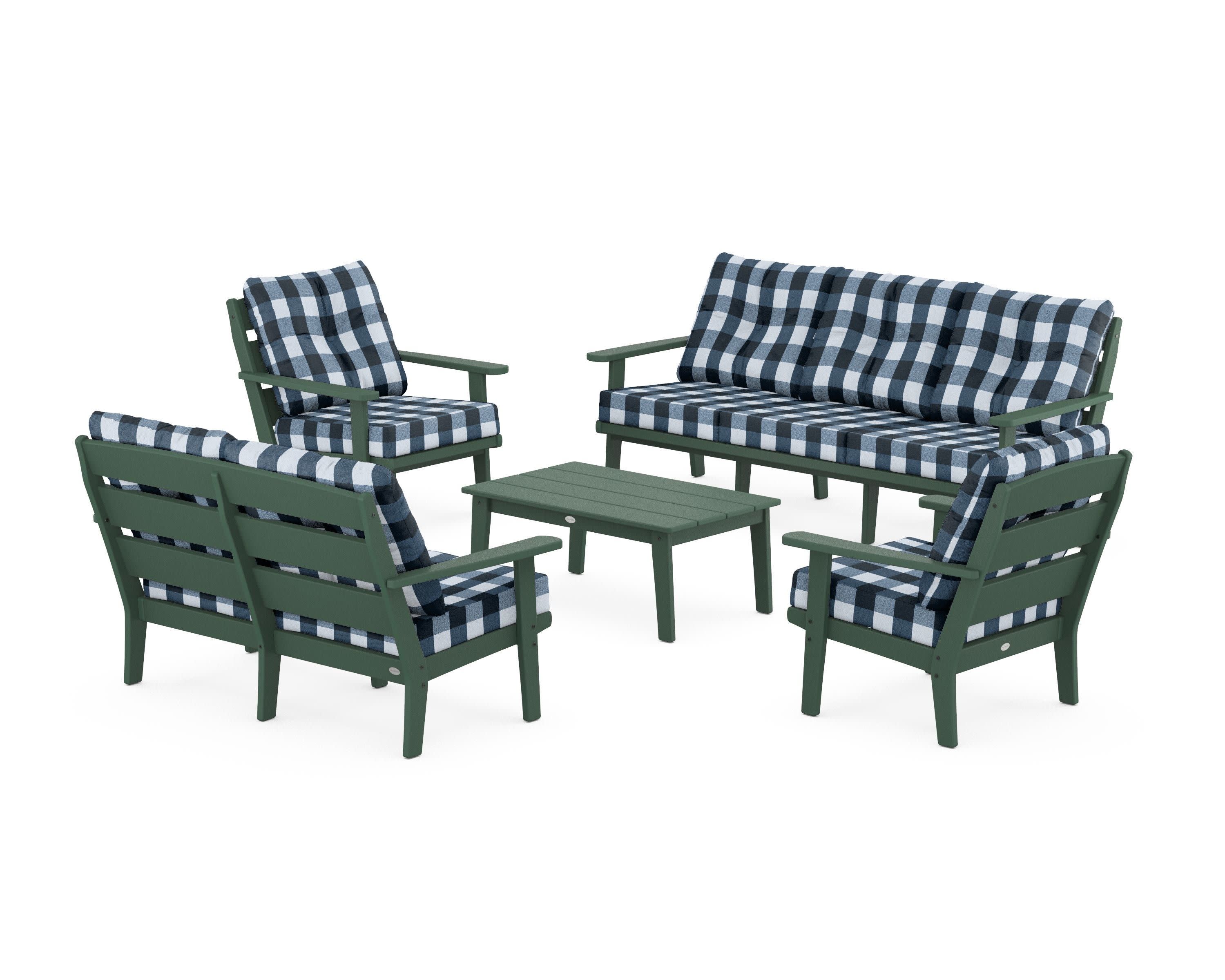 Lakeside 5-Piece Lounge Sofa Set in Green / Buffalo Plaid Marine Indigo
