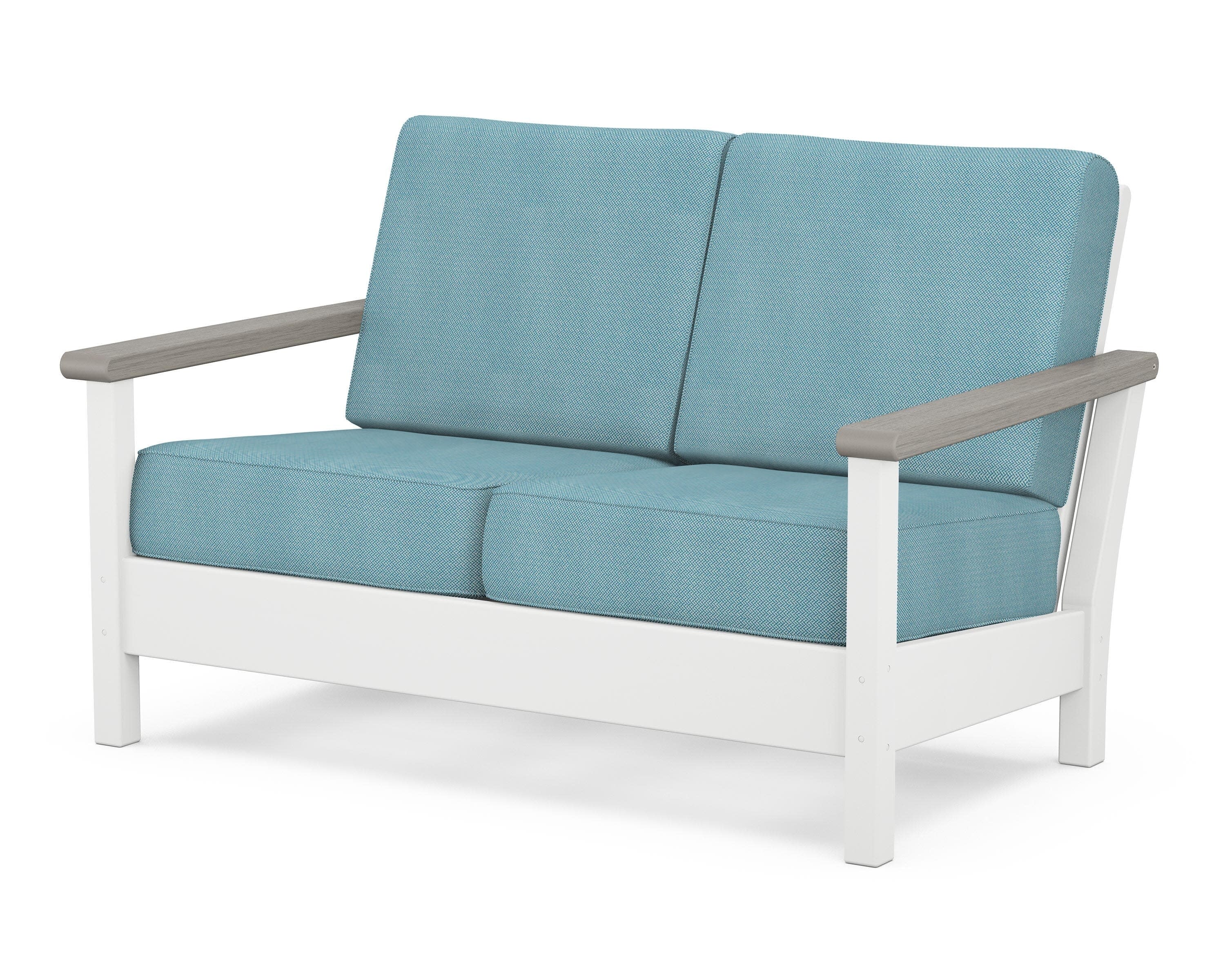 Harbour Deep Seating Loveseat in White / Driftwood / Lattice Sky Blue