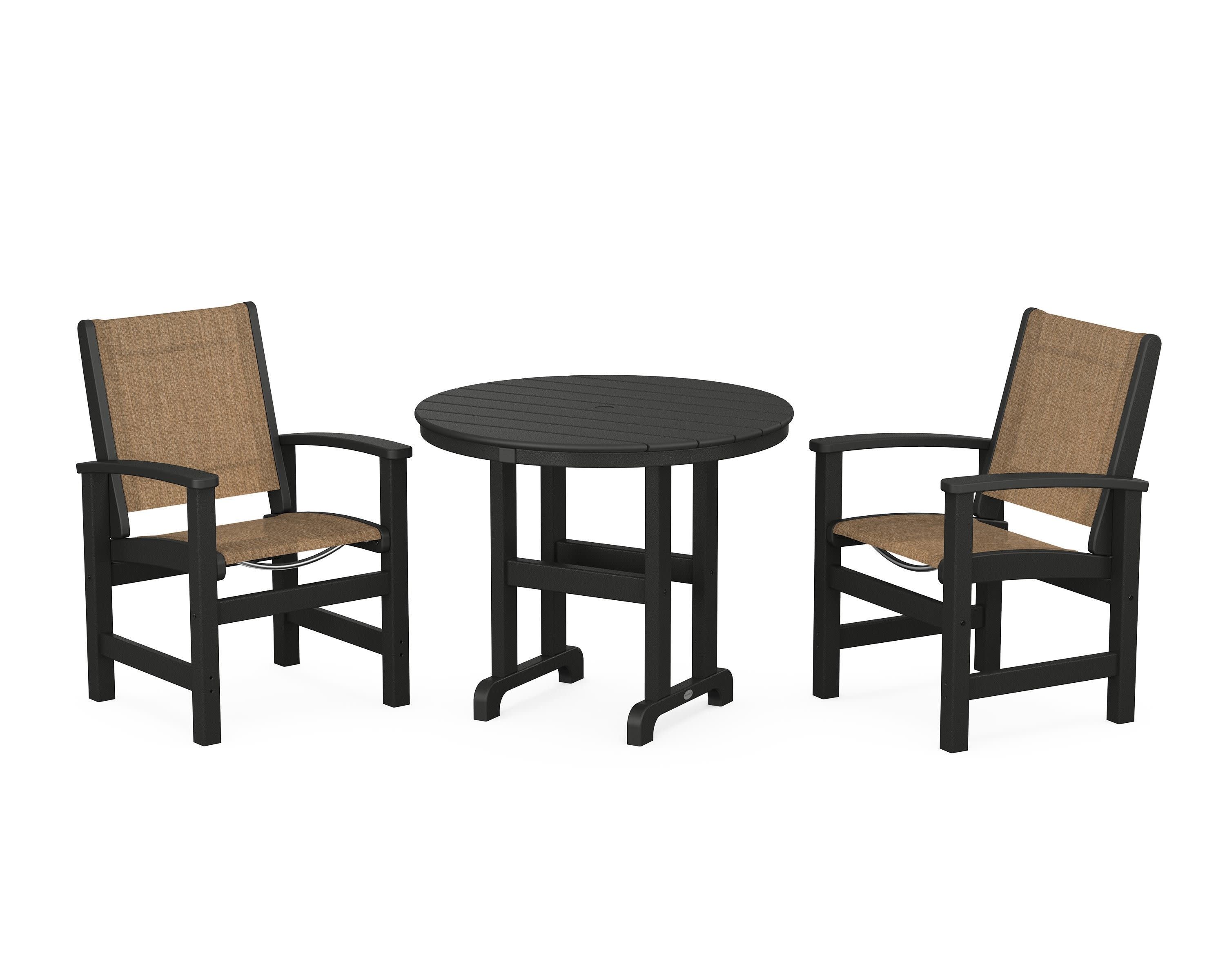 Coastal 3-Piece Round Dining Set in Black / Burlap Sling