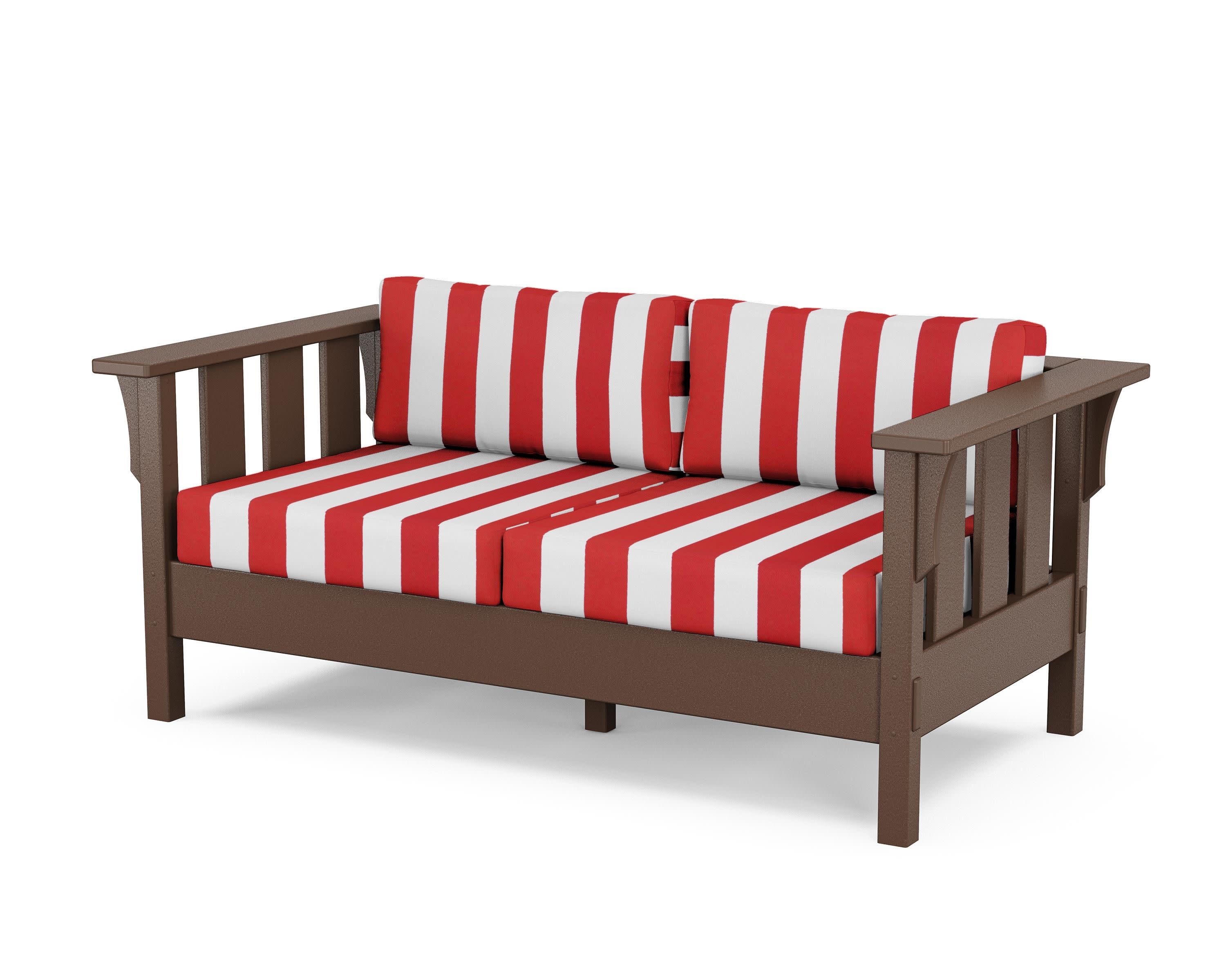 Acadia Deep Seating Loveseat in Mahogany / Cabana Stripe Crimson