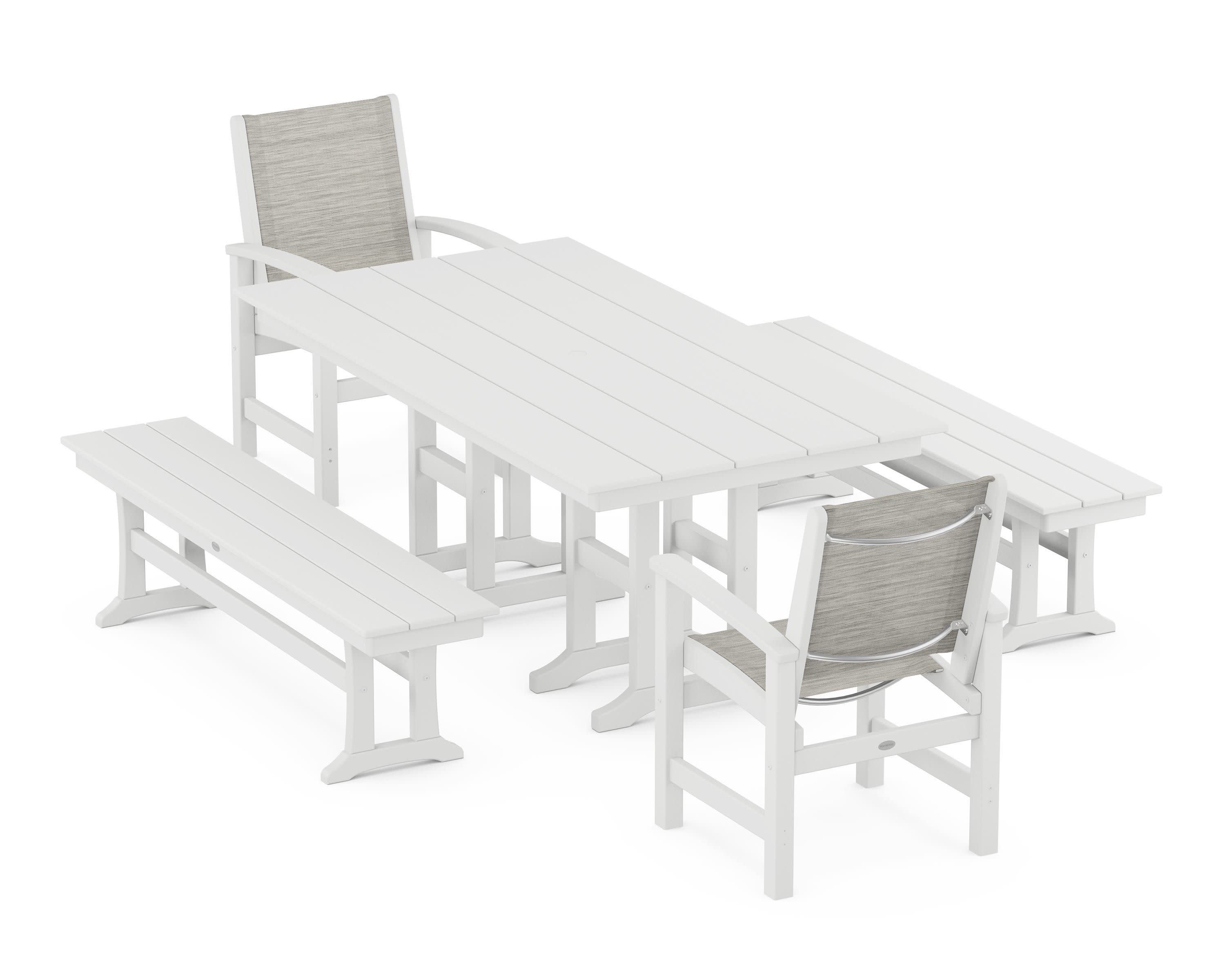 Coastal 5-Piece Farmhouse Dining Set in White / Birch Sling