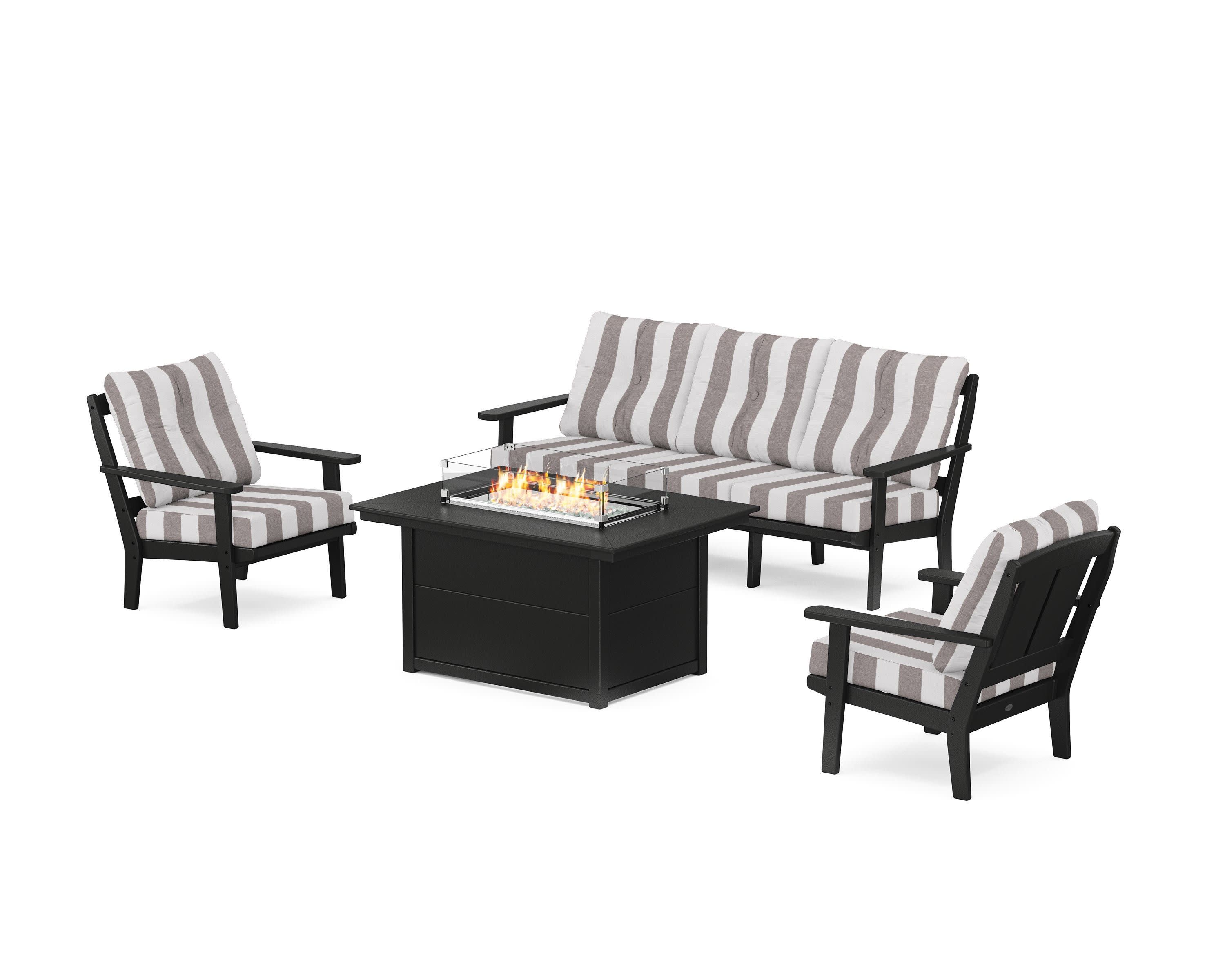 Mission Deep Seating Fire Pit Table Set in Black / Cabana Stripe Grey Mist