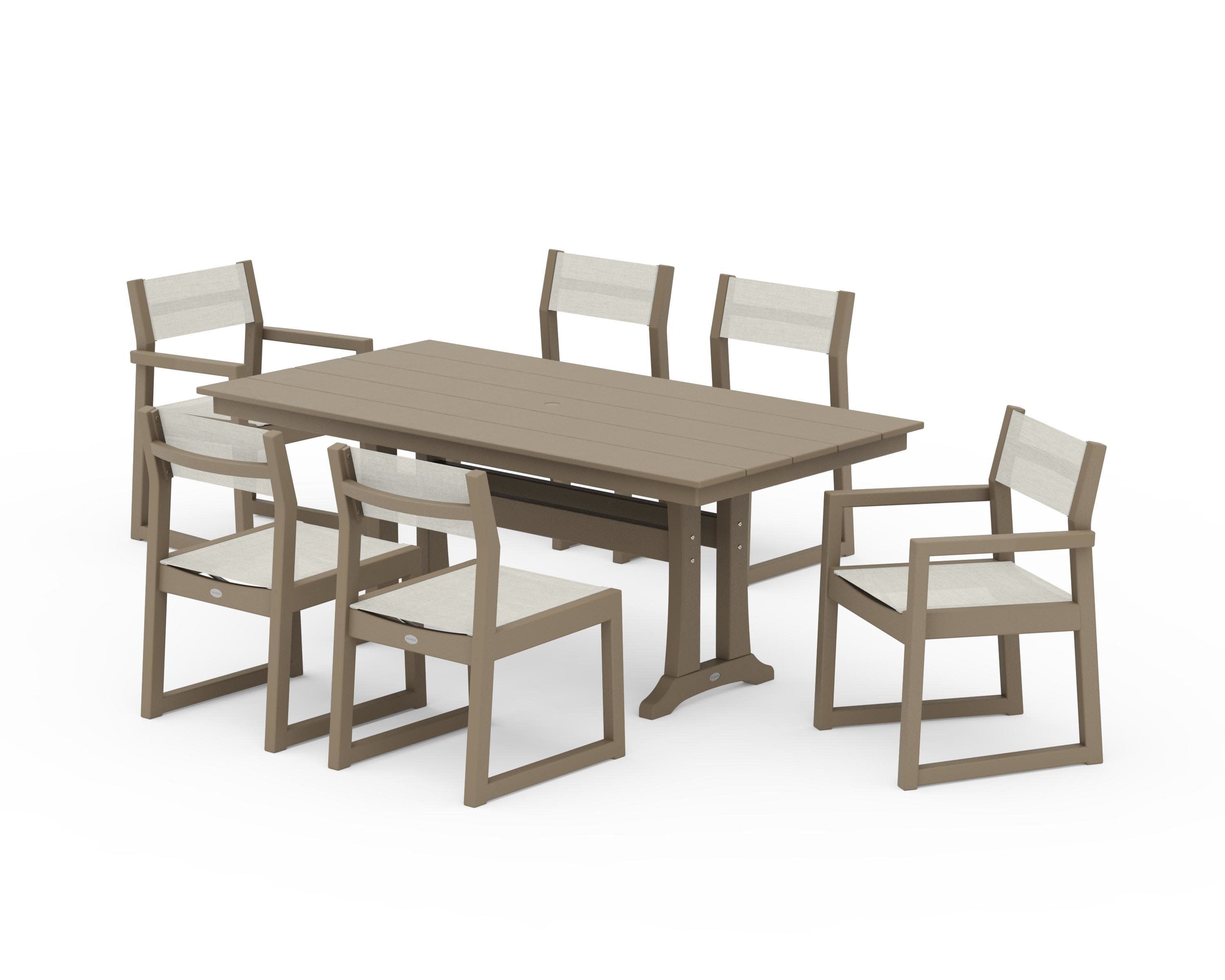 EDGE Sling 7-Piece Farmhouse Trestle Dining Set in Vintage Sahara / Parchment Sling