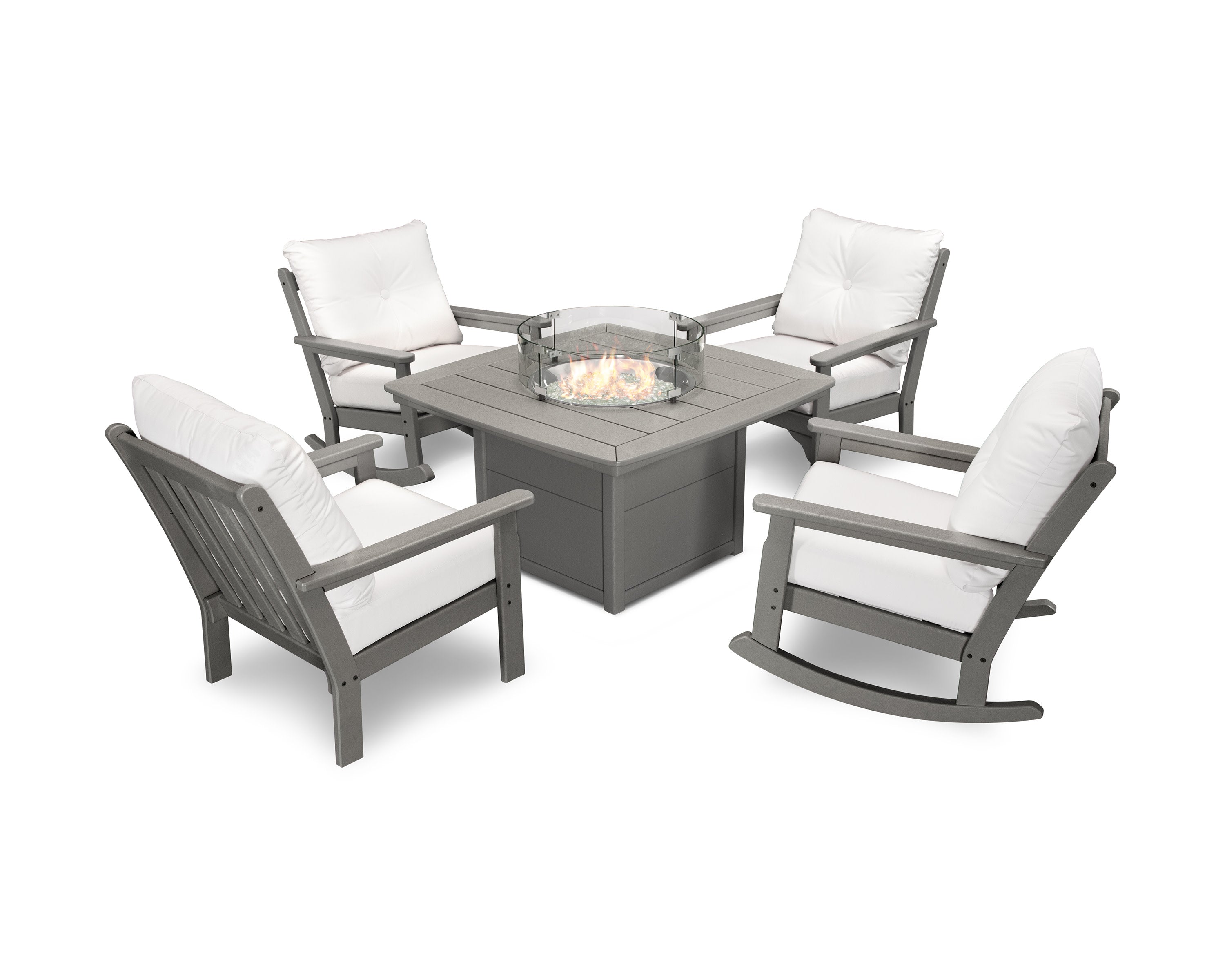 Vineyard 5-Piece Deep Seating Rocking Chair Conversation Set with Fire Pit Table in Slate Grey / Natural
