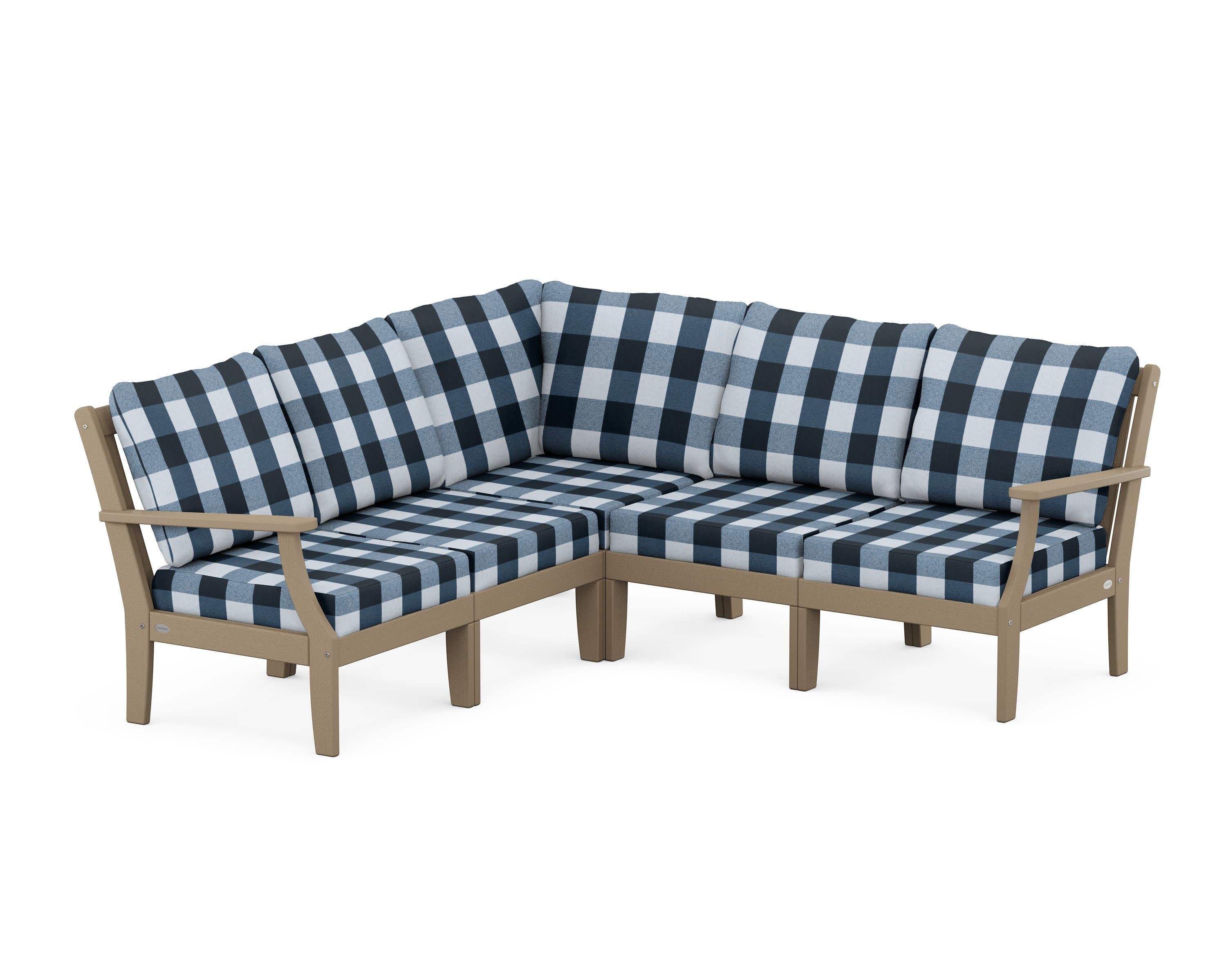 Braxton Modular 5-Piece Deep Seating Set in Vintage Sahara / Buffalo Plaid Marine Indigo