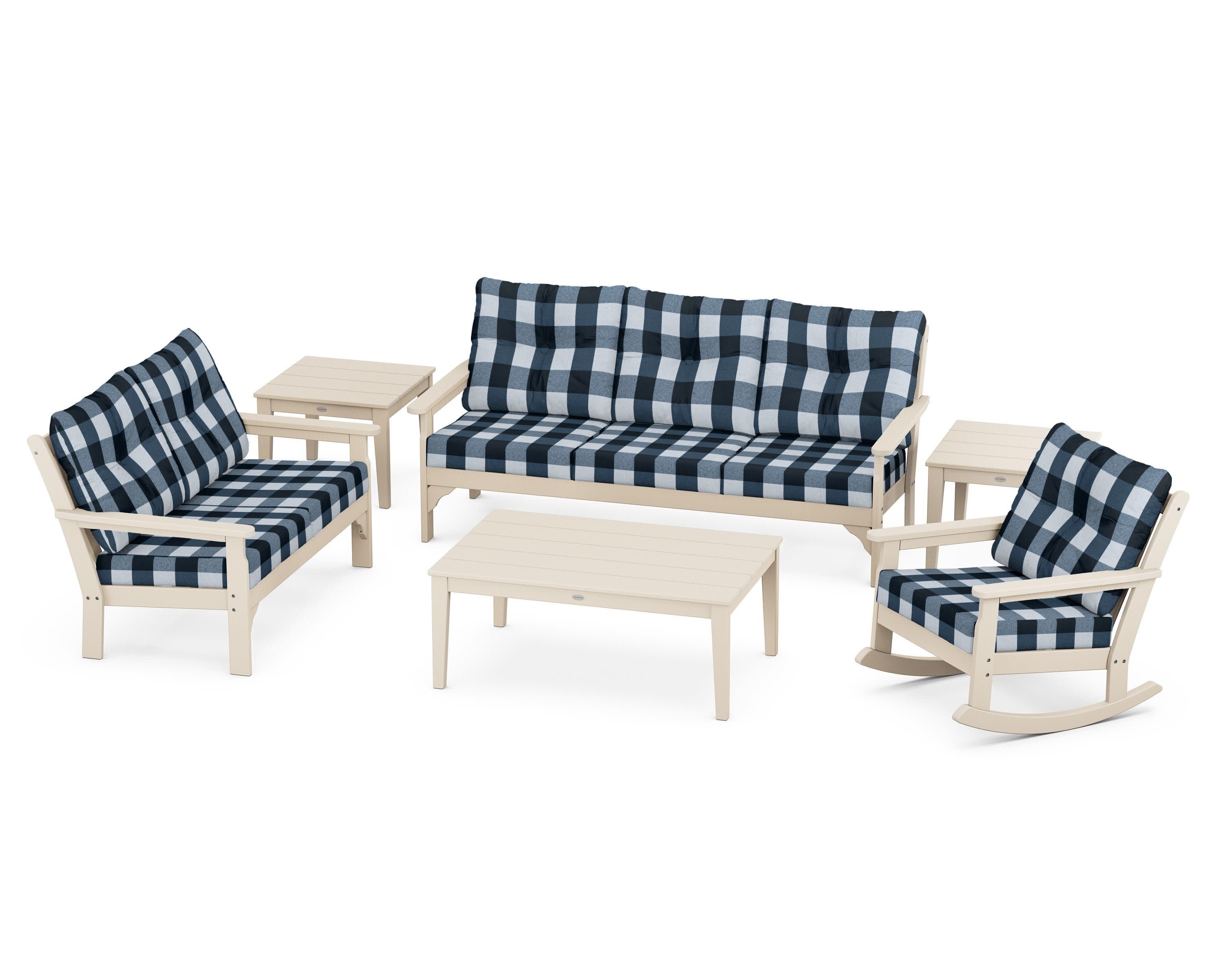 Vineyard 6-Piece Deep Seating Set in Sand / Buffalo Plaid Marine Indigo