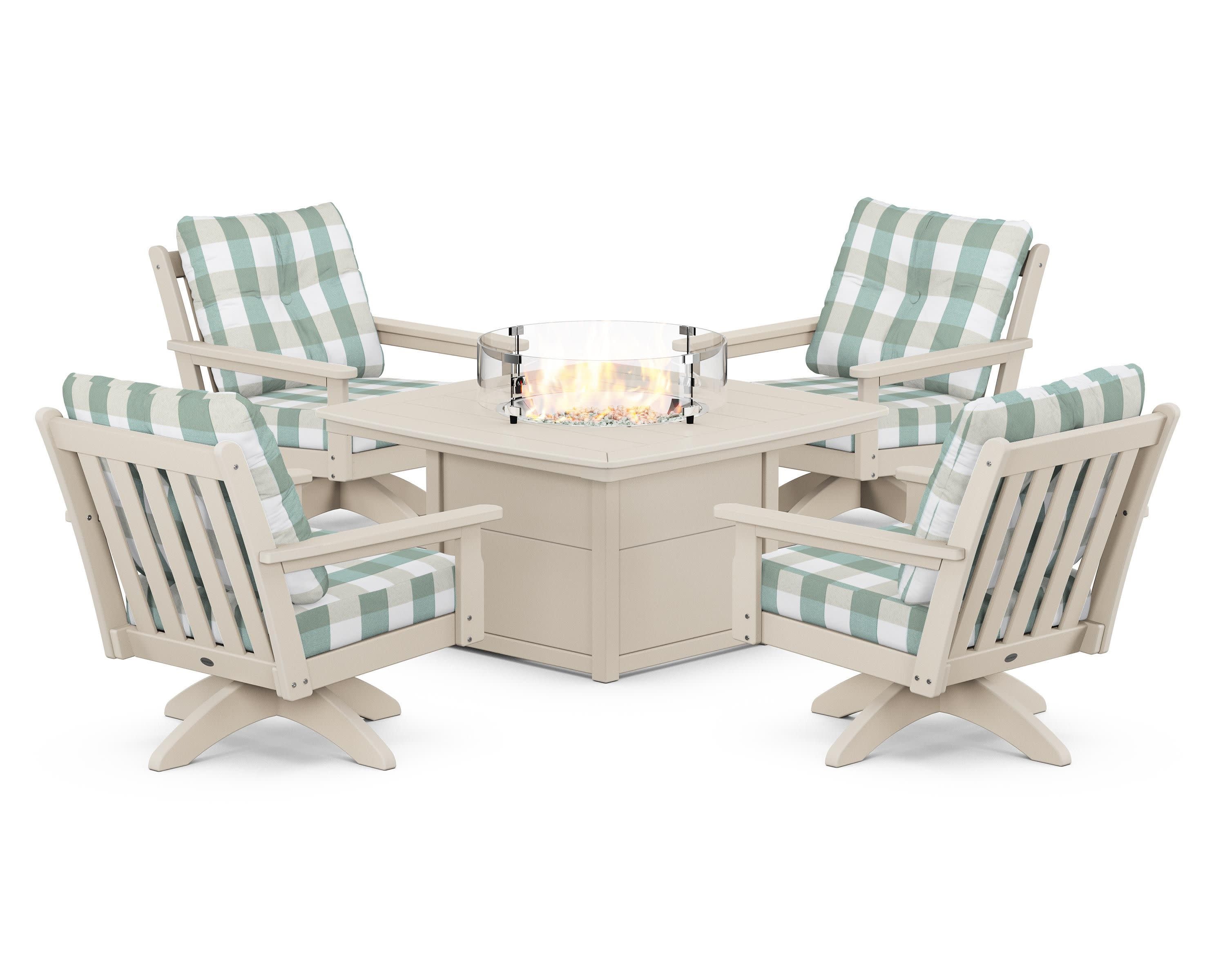Vineyard 5-Piece Deep Seating Swivel Conversation Set with Fire Pit Table in Sand / Buffalo Plaid Glacier Spa