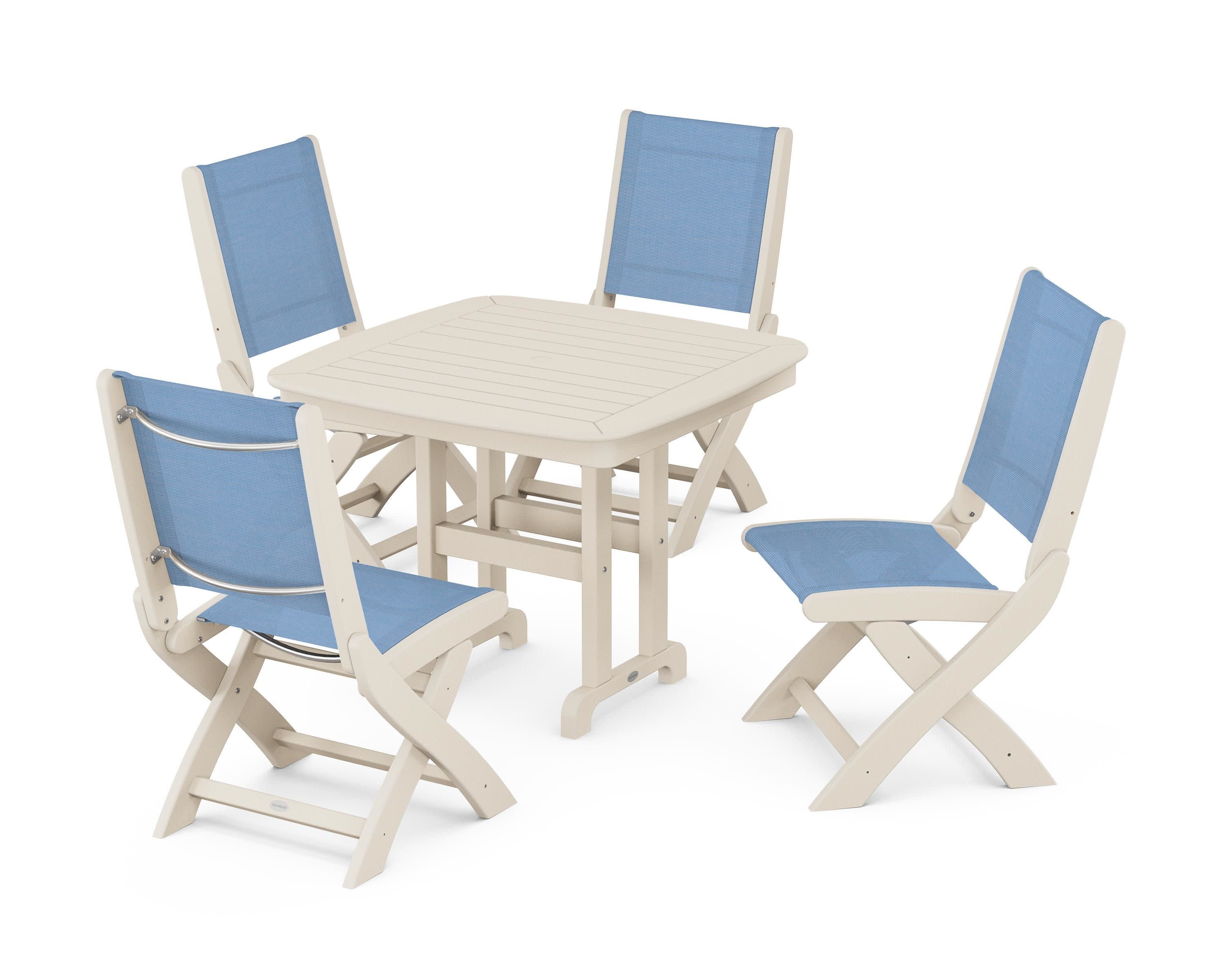 Coastal Folding Side Chair 5-Piece Dining Set in Sand / Poolside Sling