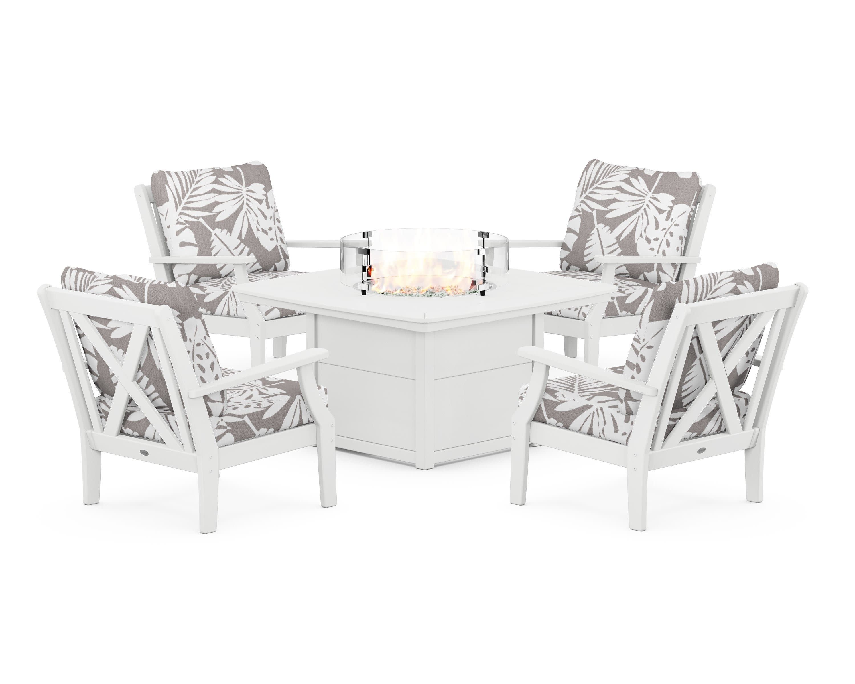 Braxton 5-Piece Deep Seating Conversation Set with Fire Pit Table in White / Leaf Grey Mist
