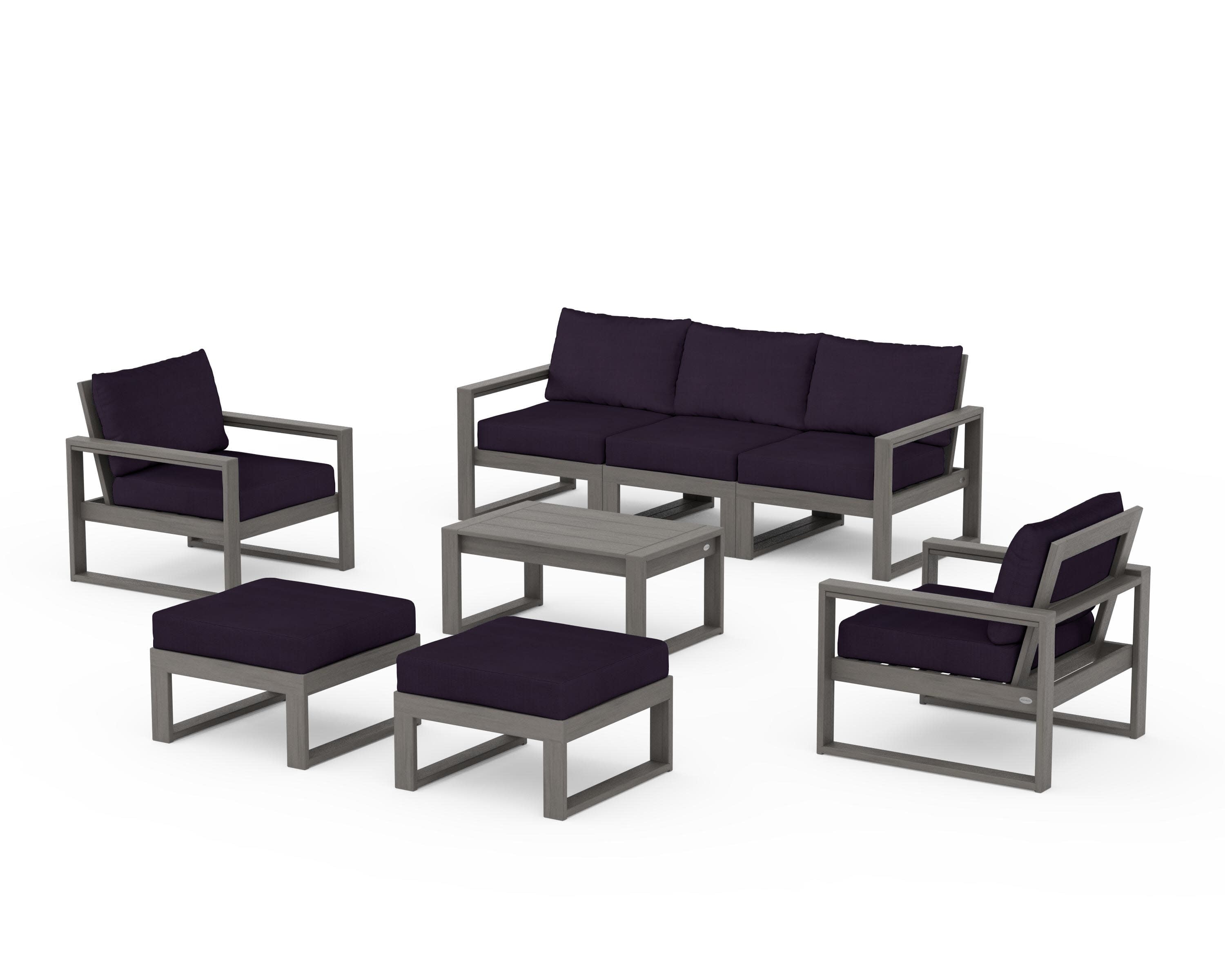 EDGE Sectional 8-Piece Lounge Sofa Set in Driftwood / Navy Linen