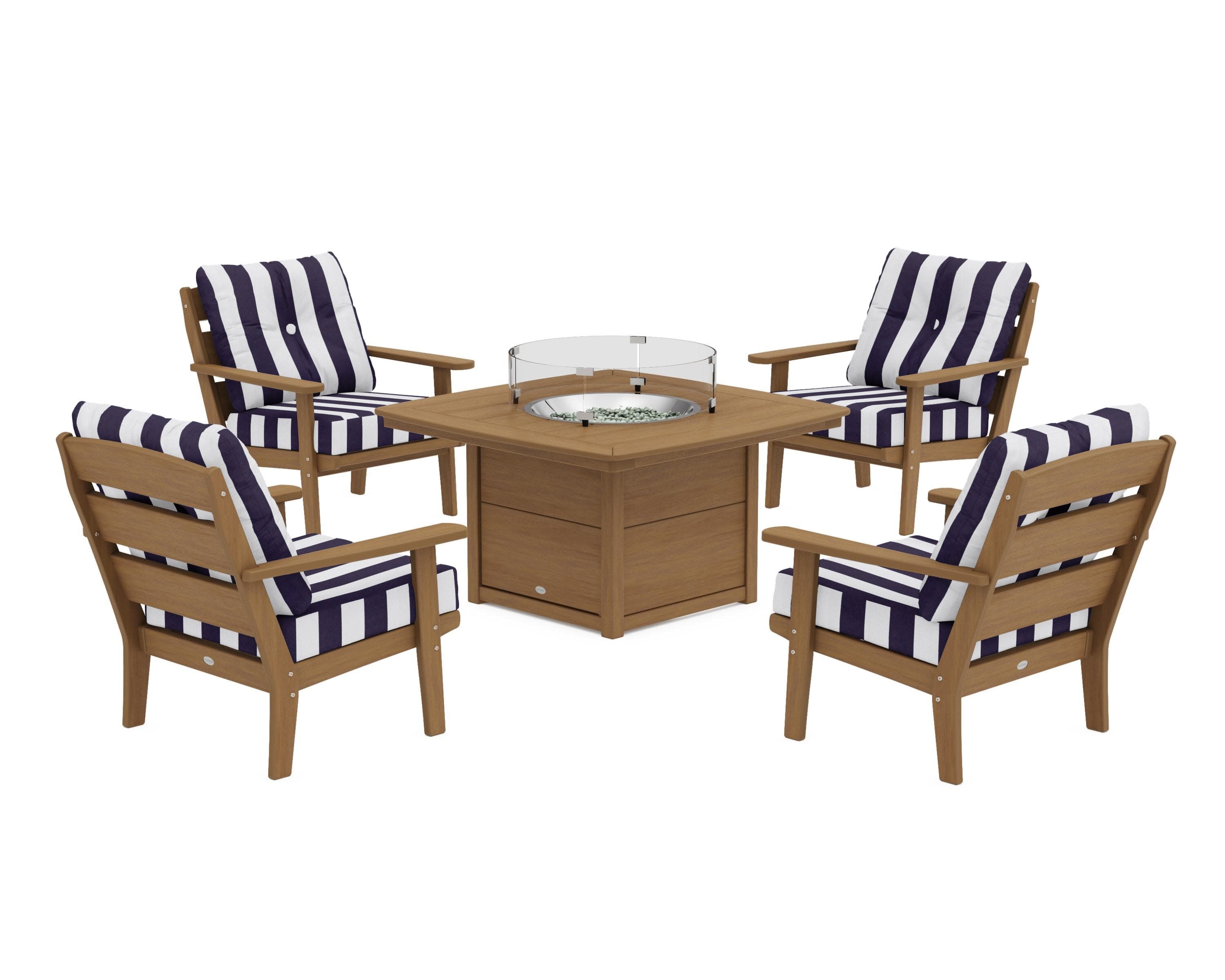 Lakeside 5-Piece Deep Seating Set with Nautical Fire Pit Table in Natural / Cabana Stripe Navy