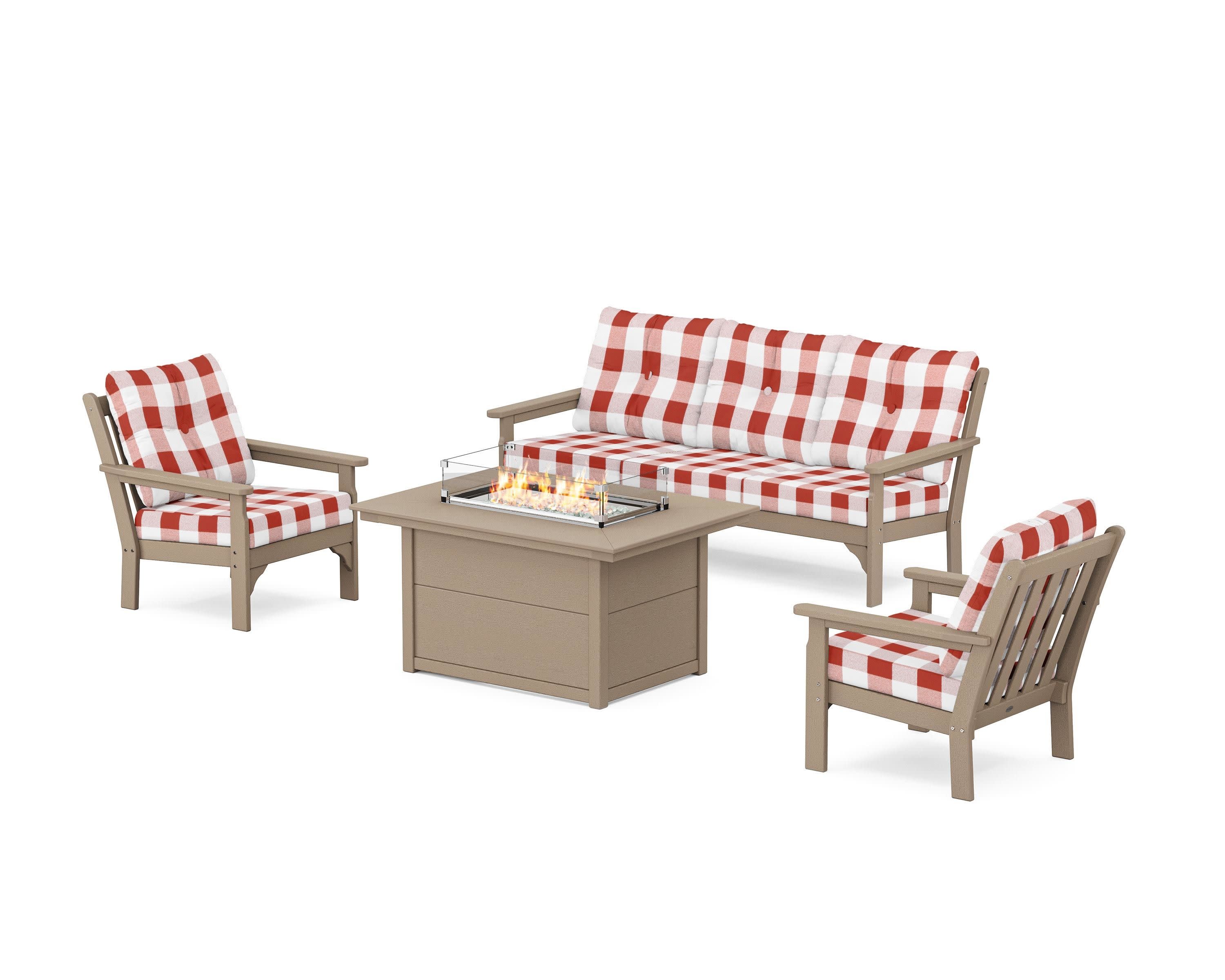 Vineyard Deep Seating Fire Pit Table Set in Vintage Sahara / Buffalo Plaid Crimson