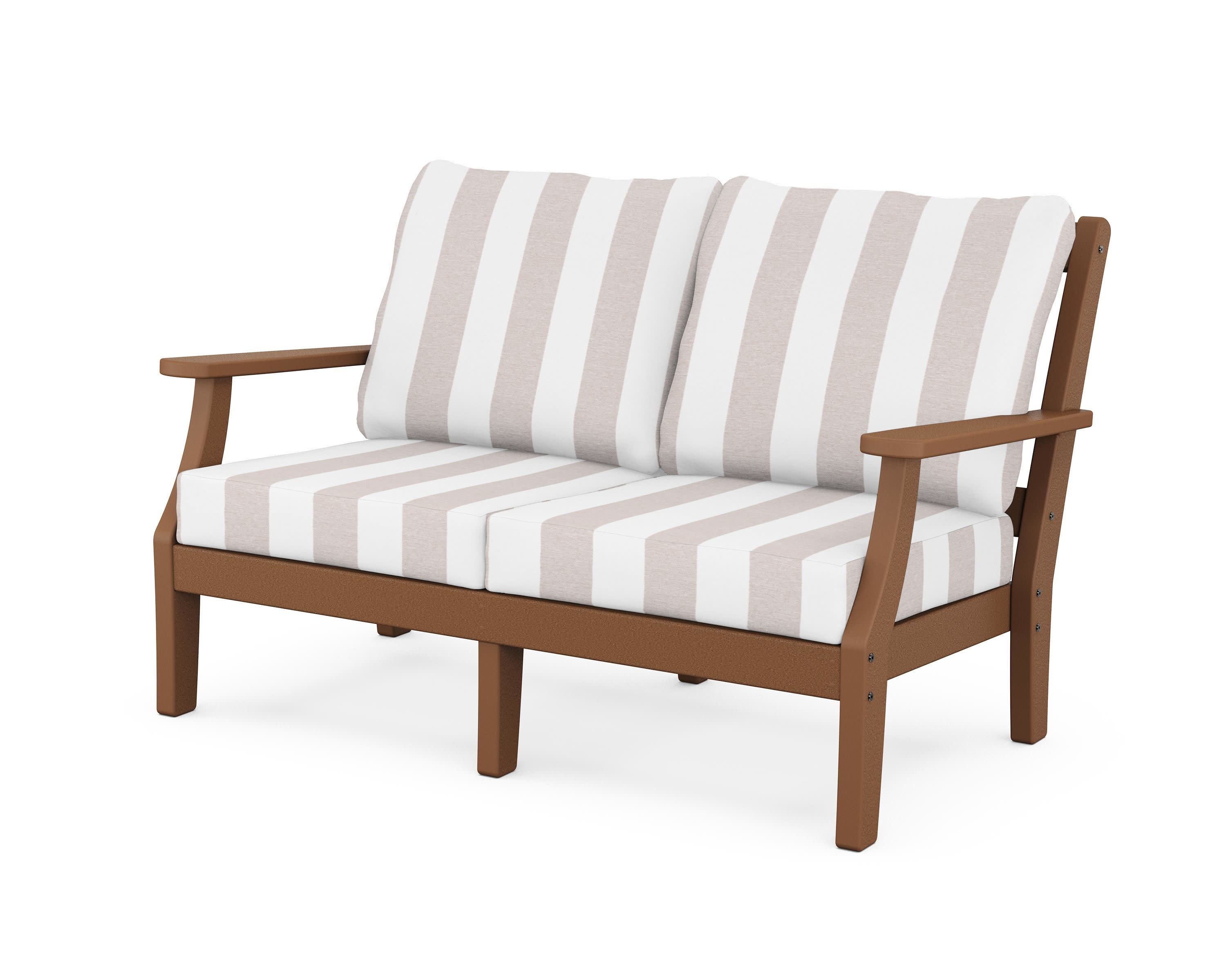 Chinoiserie Deep Seating Loveseat in Teak / Cabana Stripe Dune Burlap
