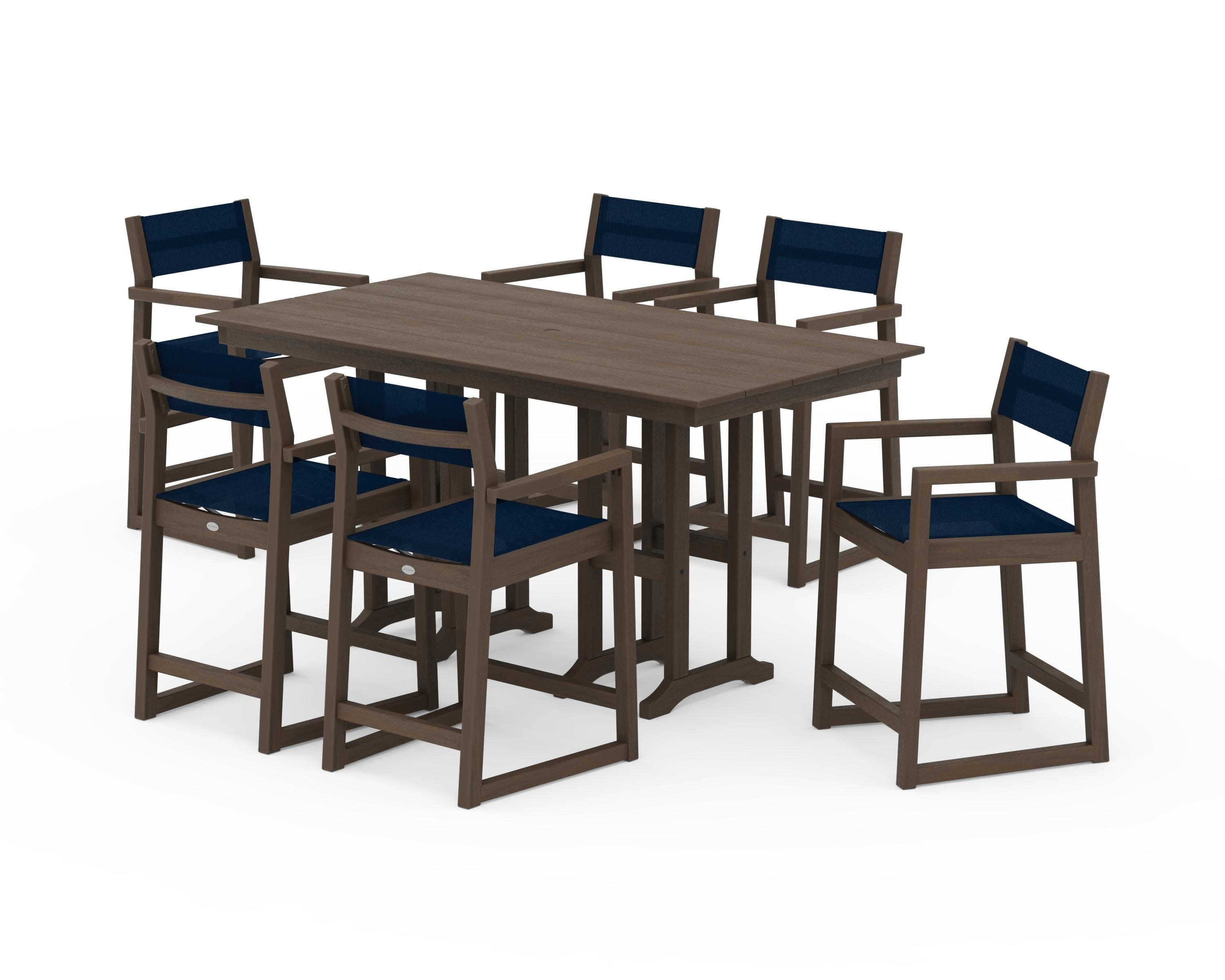 EDGE Sling Arm Chair 7-Piece Farmhouse Counter Set in Kona / Navy Blue Sling
