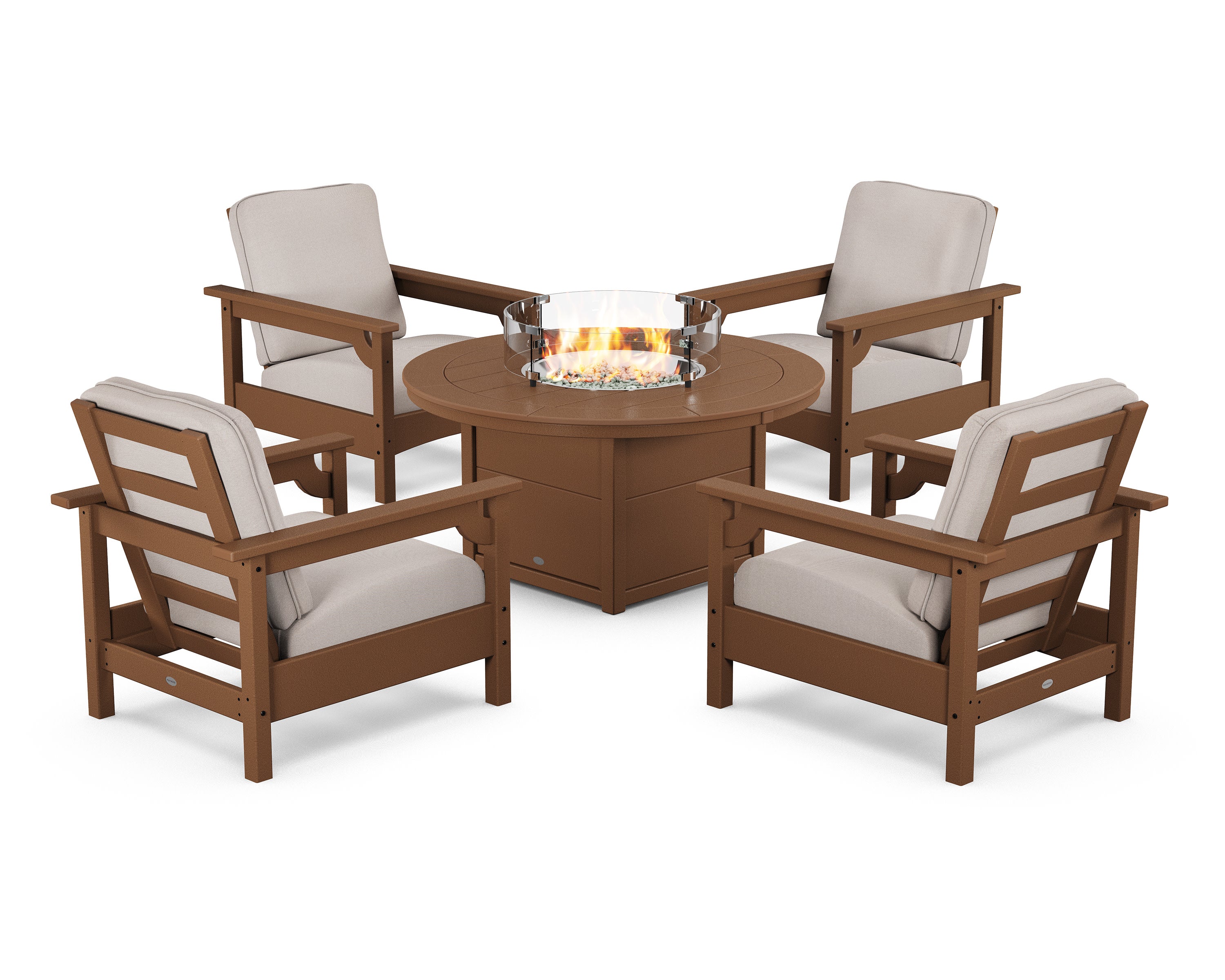 Club 5-Piece Conversation Set with Fire Pit Table in Teak / Dune Burlap