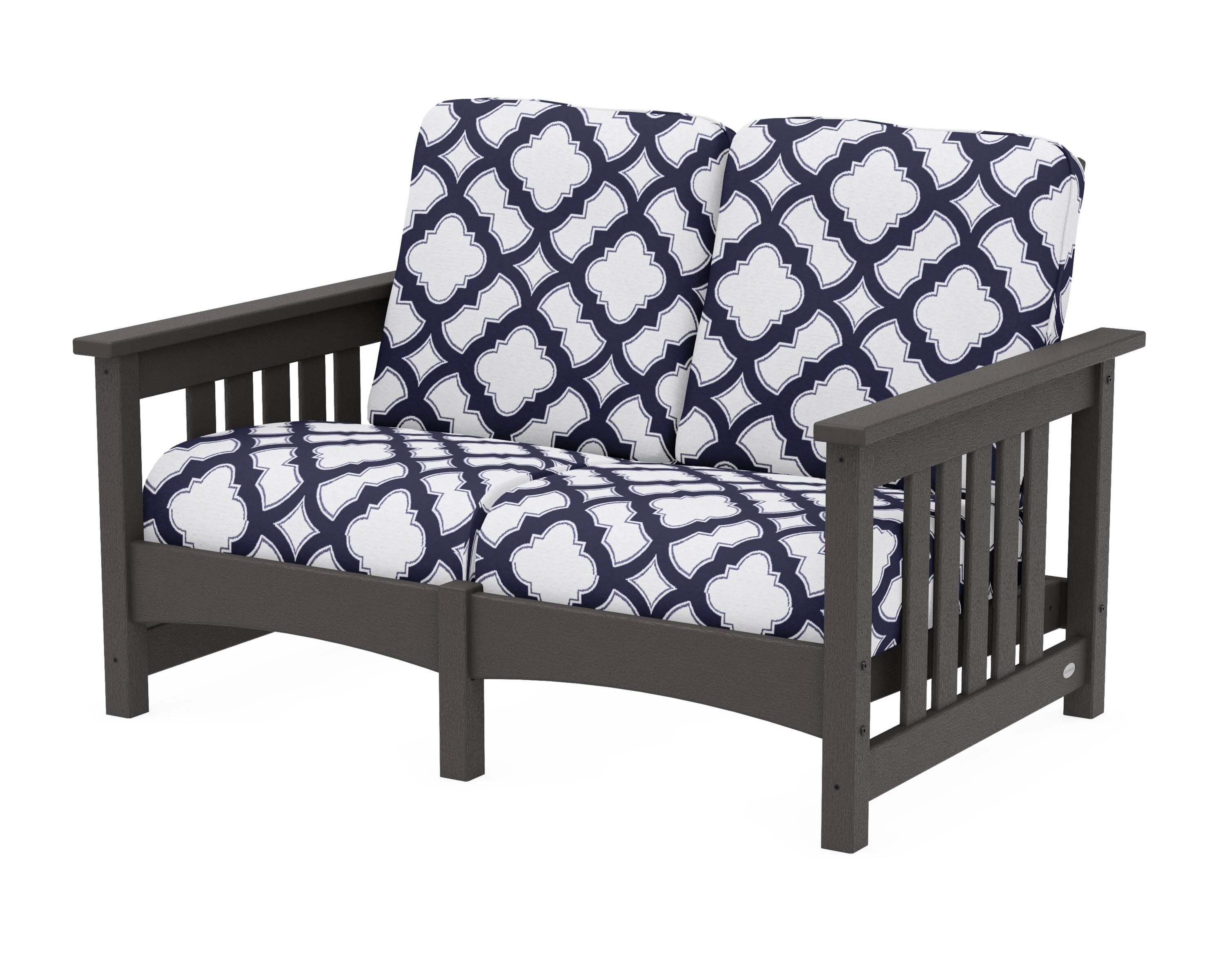 Club Mission Loveseat in Vintage Coffee / Trellis Navy