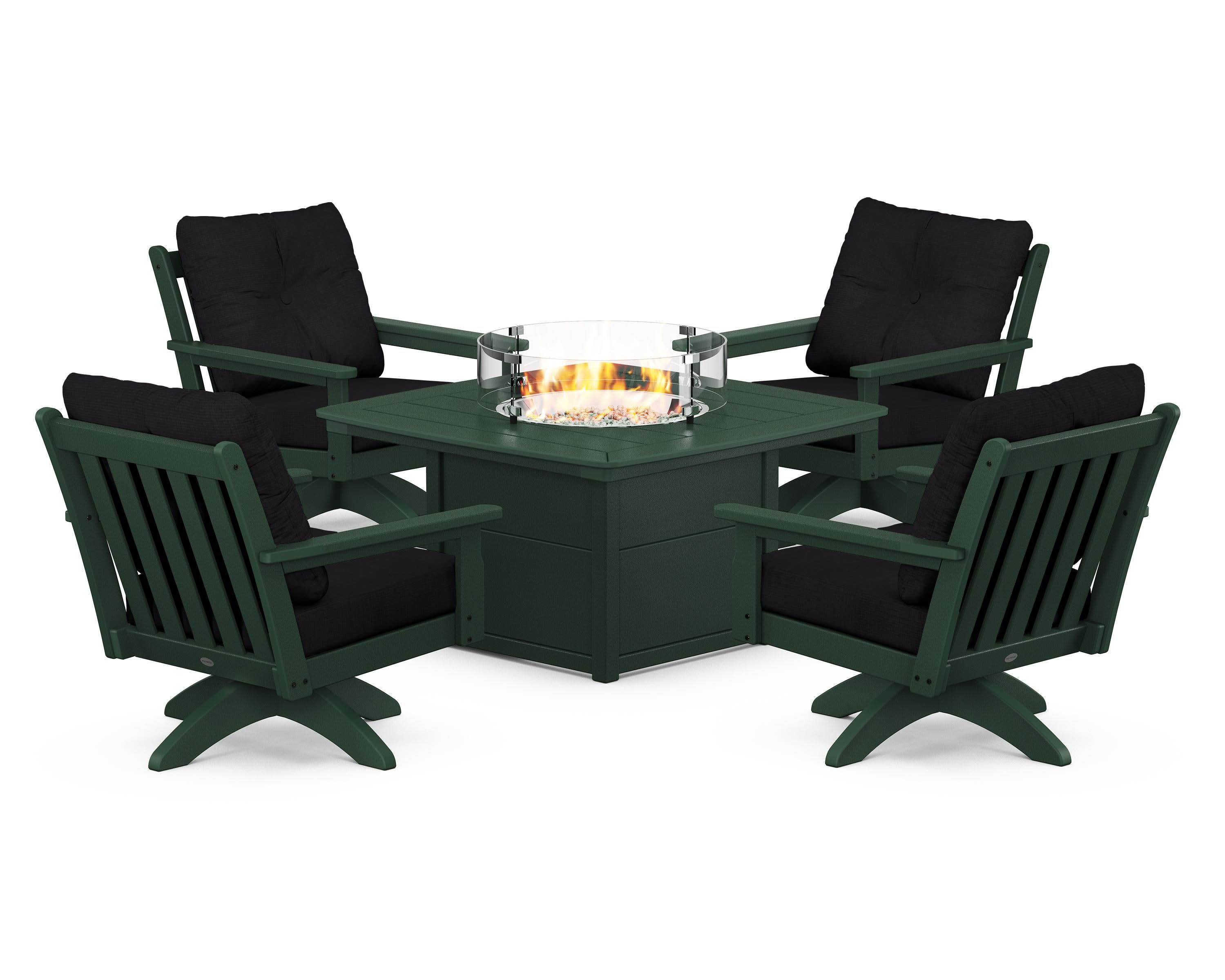 Vineyard 5-Piece Deep Seating Swivel Conversation Set with Fire Pit Table in Green / Midnight Linen