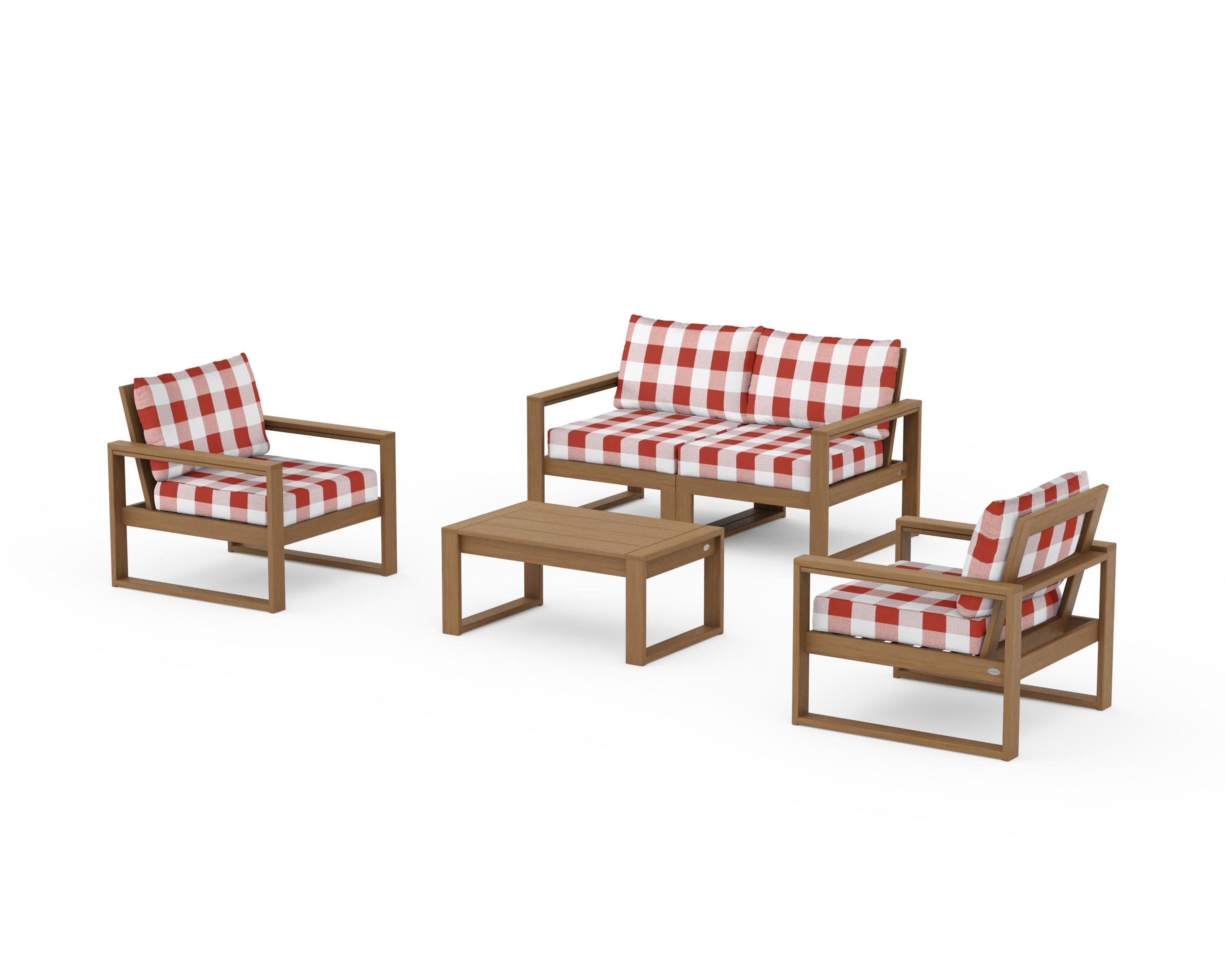 EDGE Sectional 4-Piece Deep Seating Set with Loveseat in Natural / Buffalo Plaid Crimson