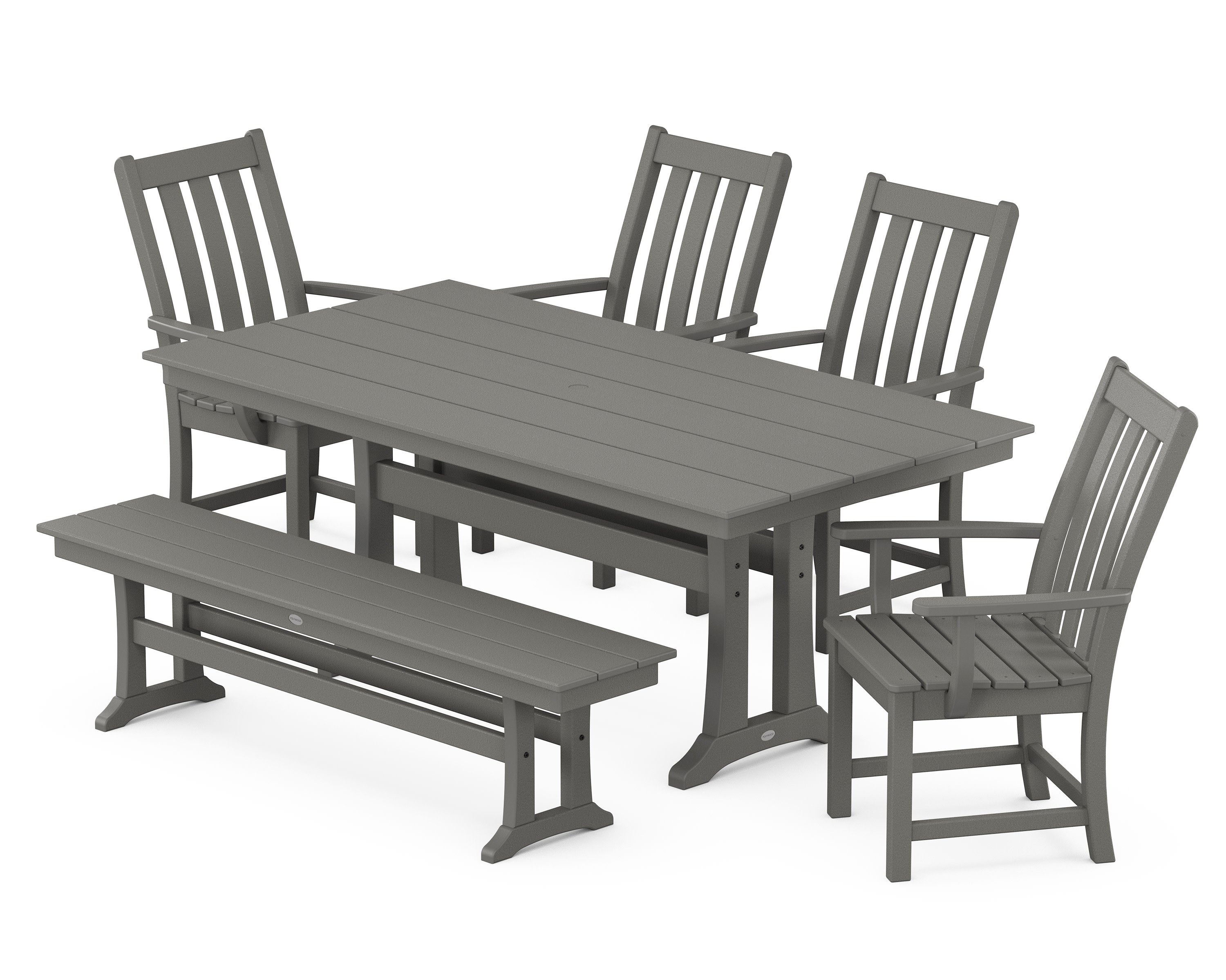 Vineyard 6-Piece Arm Chair Farmhouse Dining Set with Trestle Legs and Bench in Slate Grey