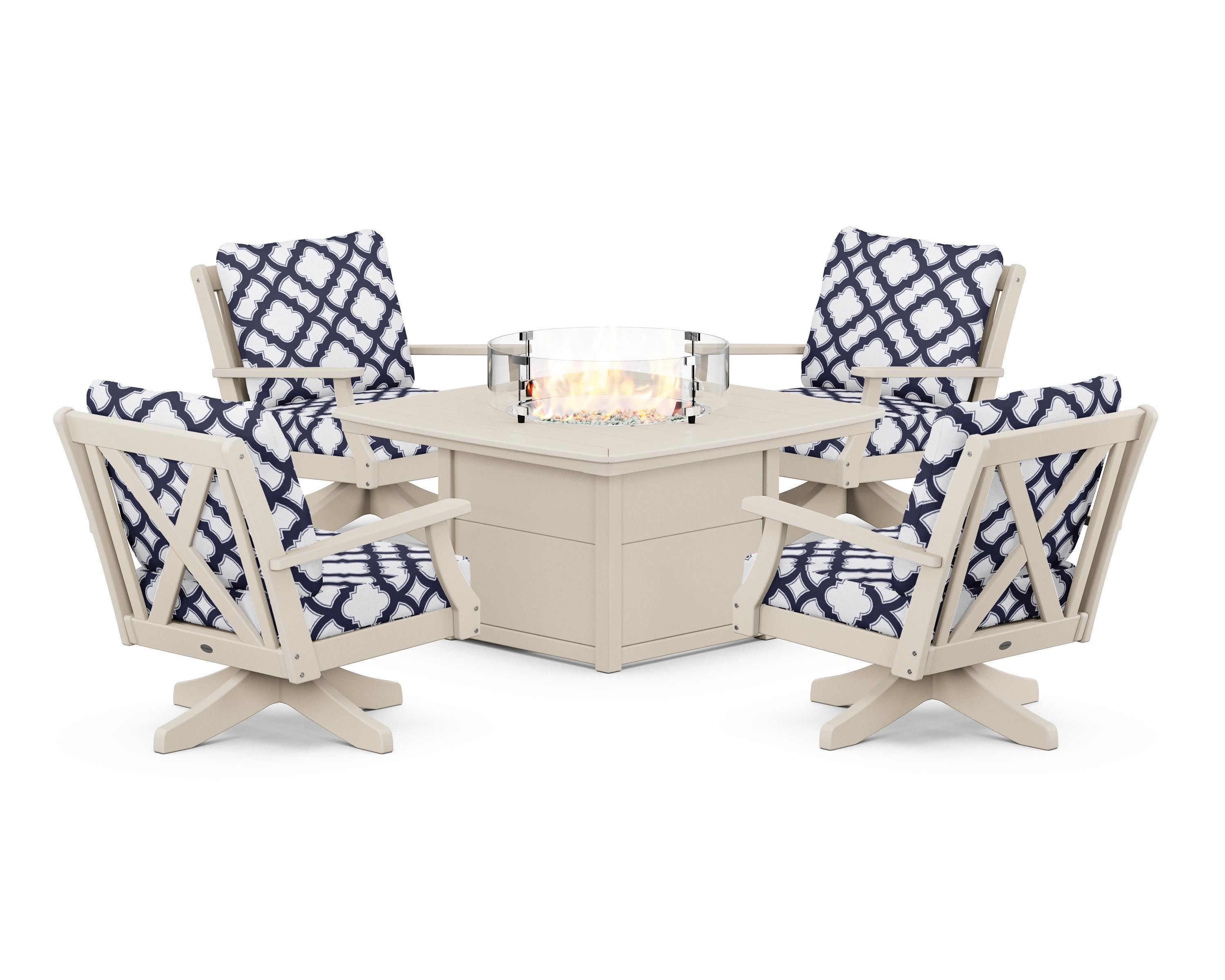 Braxton 5-Piece Deep Seating Swivel Conversation Set with Fire Pit Table in Sand / Trellis Navy