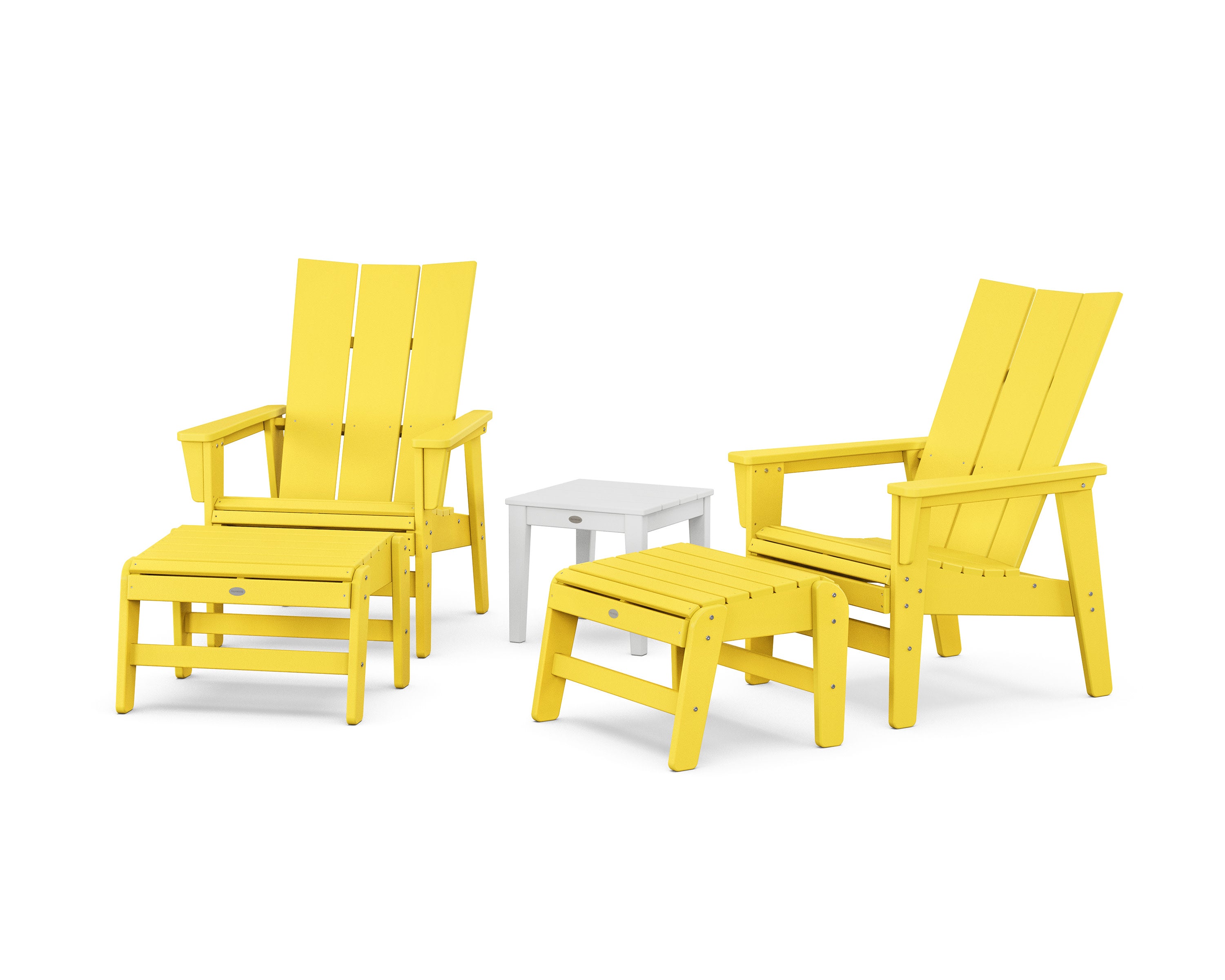 5-Piece Modern Grand Upright Adirondack Set with Ottomans and Side Table in Lemon / White