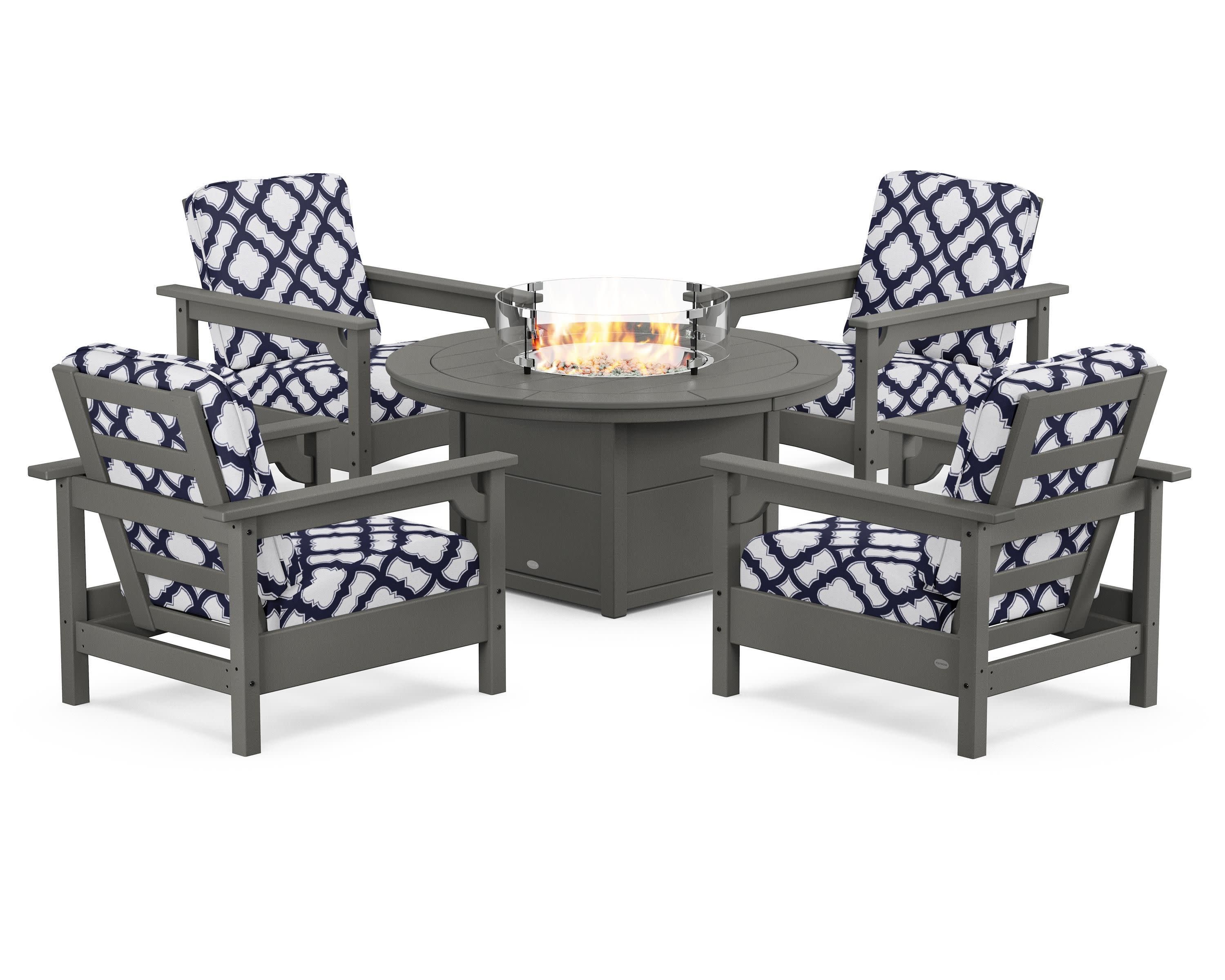 Club 5-Piece Conversation Set with Fire Pit Table in Slate Grey / Trellis Navy
