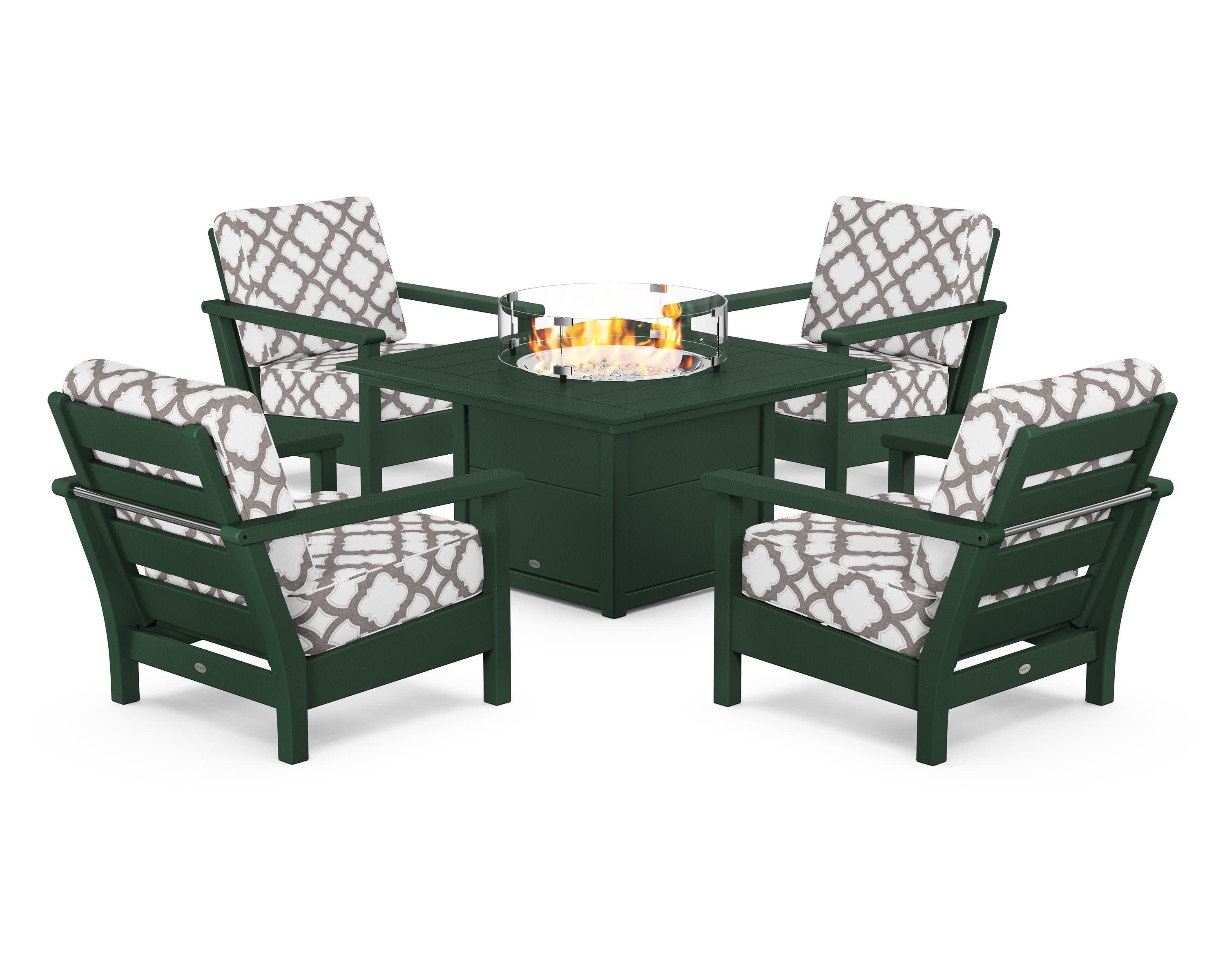 Harbour 5-Piece Conversation Set with Fire Pit Table in Green / Trellis Grey Mist