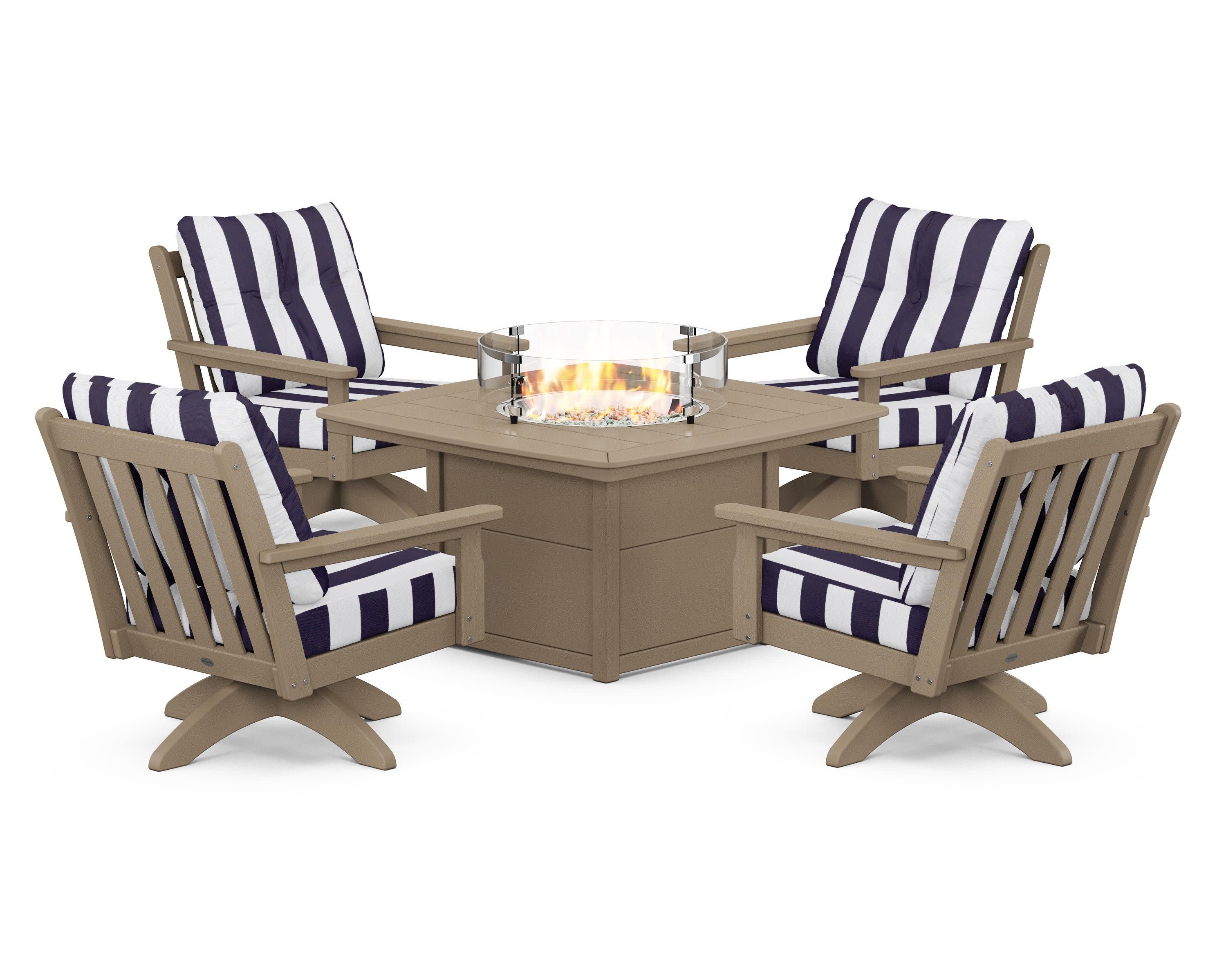Vineyard 5-Piece Deep Seating Swivel Conversation Set with Fire Pit Table in Vintage Sahara / Cabana Stripe Navy