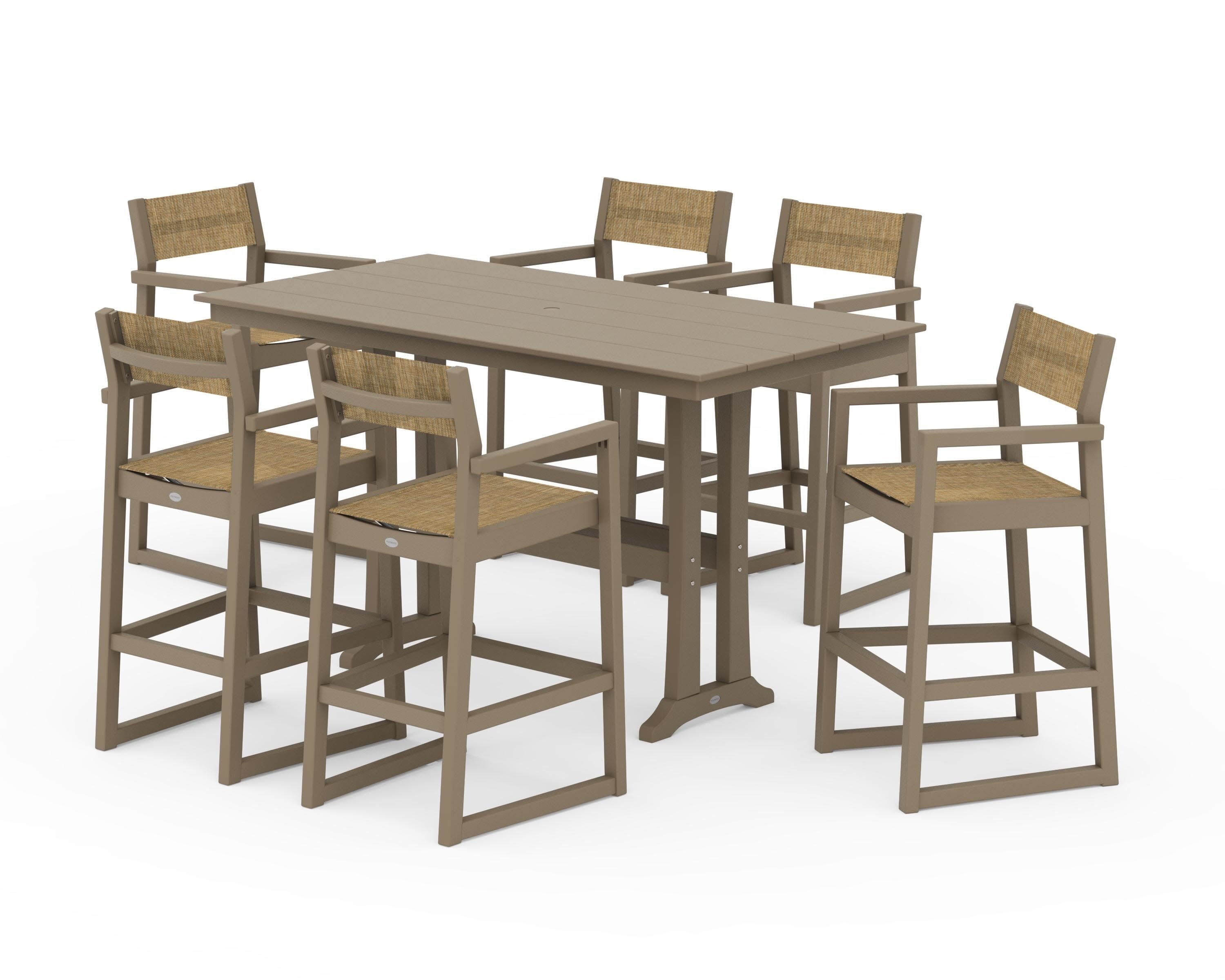 EDGE Sling Arm Chair 7-Piece Farmhouse Bar Set with Trestle Legs in Vintage Sahara / Burlap Sling
