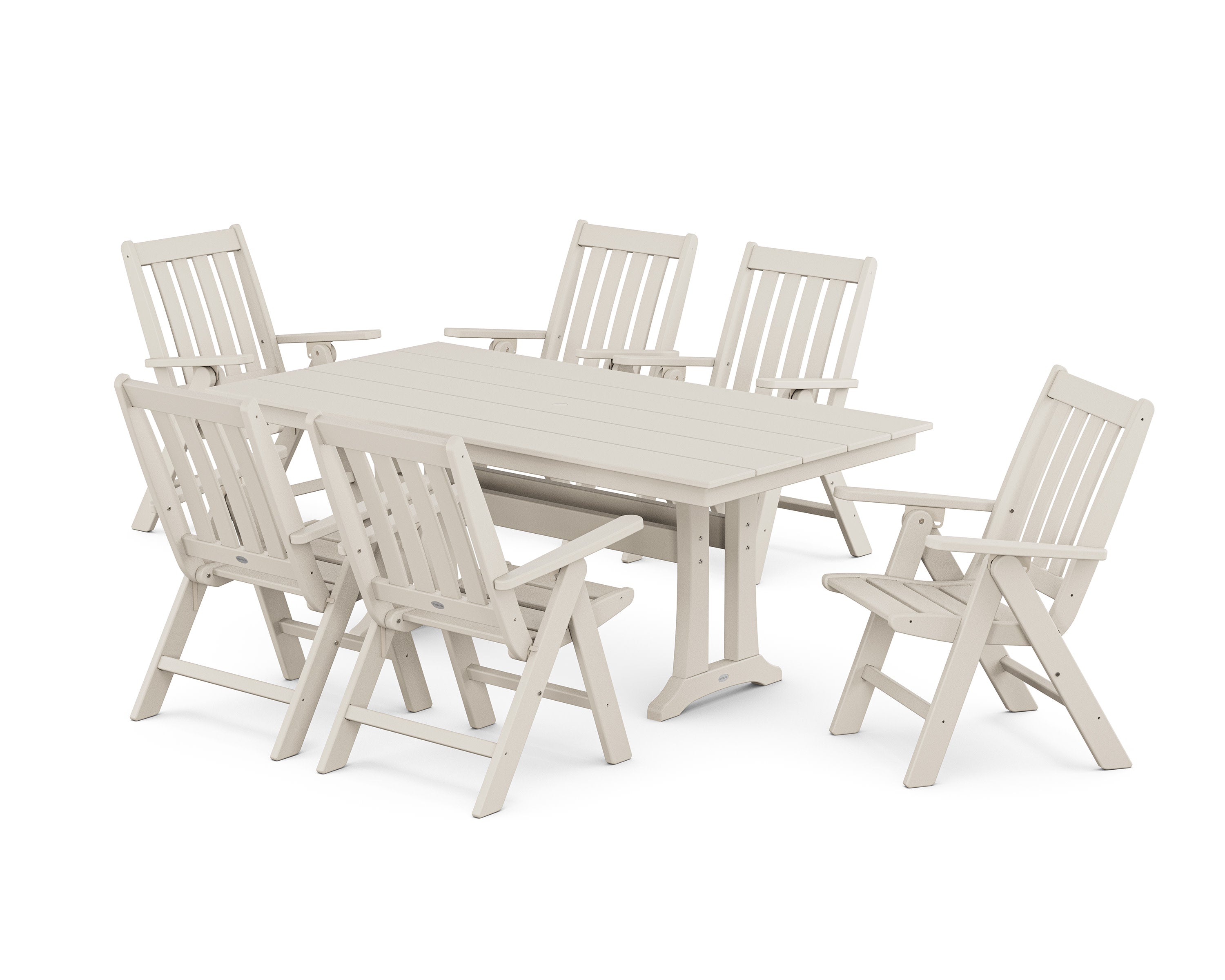 Vineyard Folding Chair 7-Piece Farmhouse Dining Set with Trestle Legs in Sand