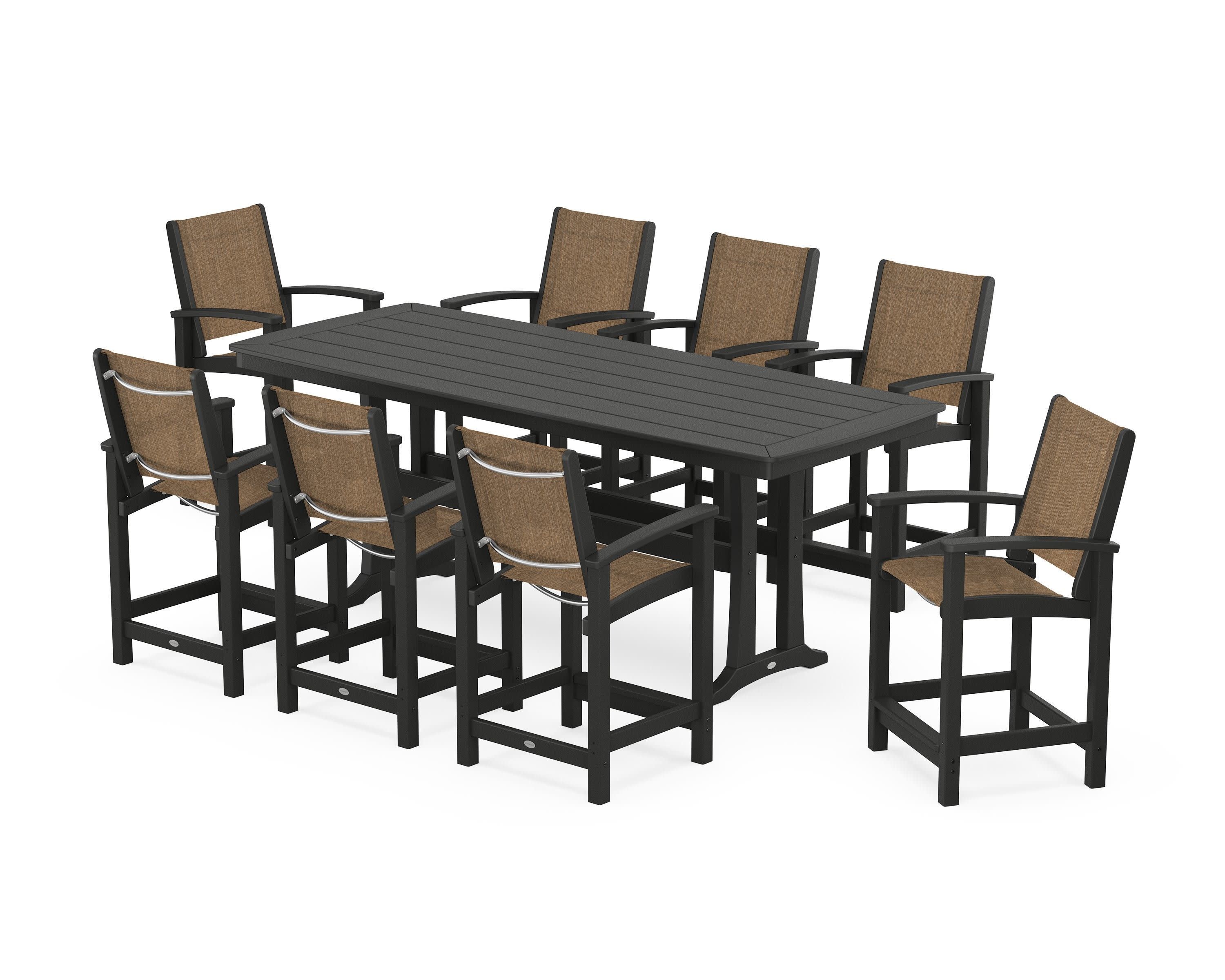 Coastal 9-Piece Counter Set with Trestle Legs in Black / Burlap Sling