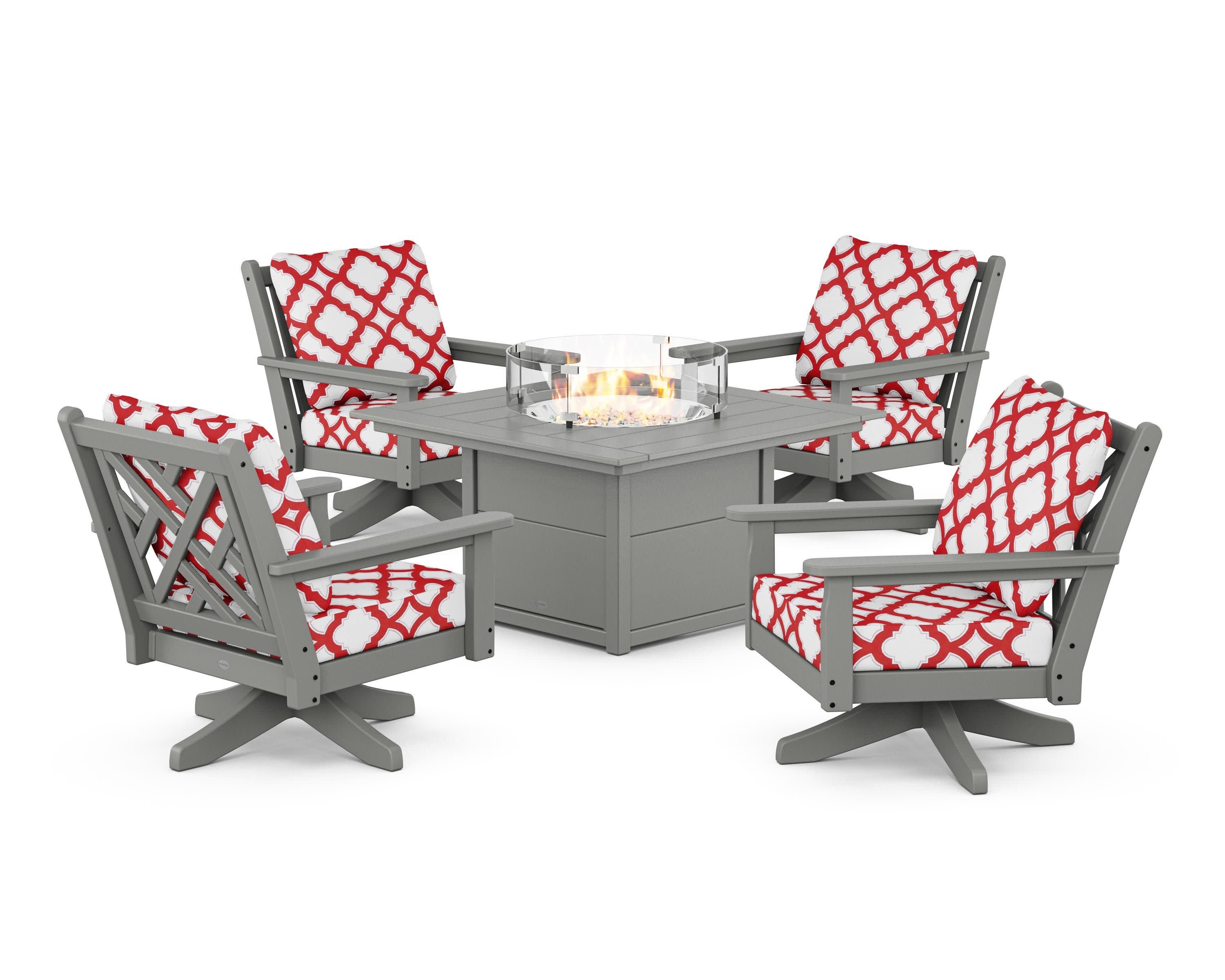 Chippendale 5-Piece Deep Seating Swivel Conversation Set with Fire Pit Table in Slate Grey / Trellis Crimson