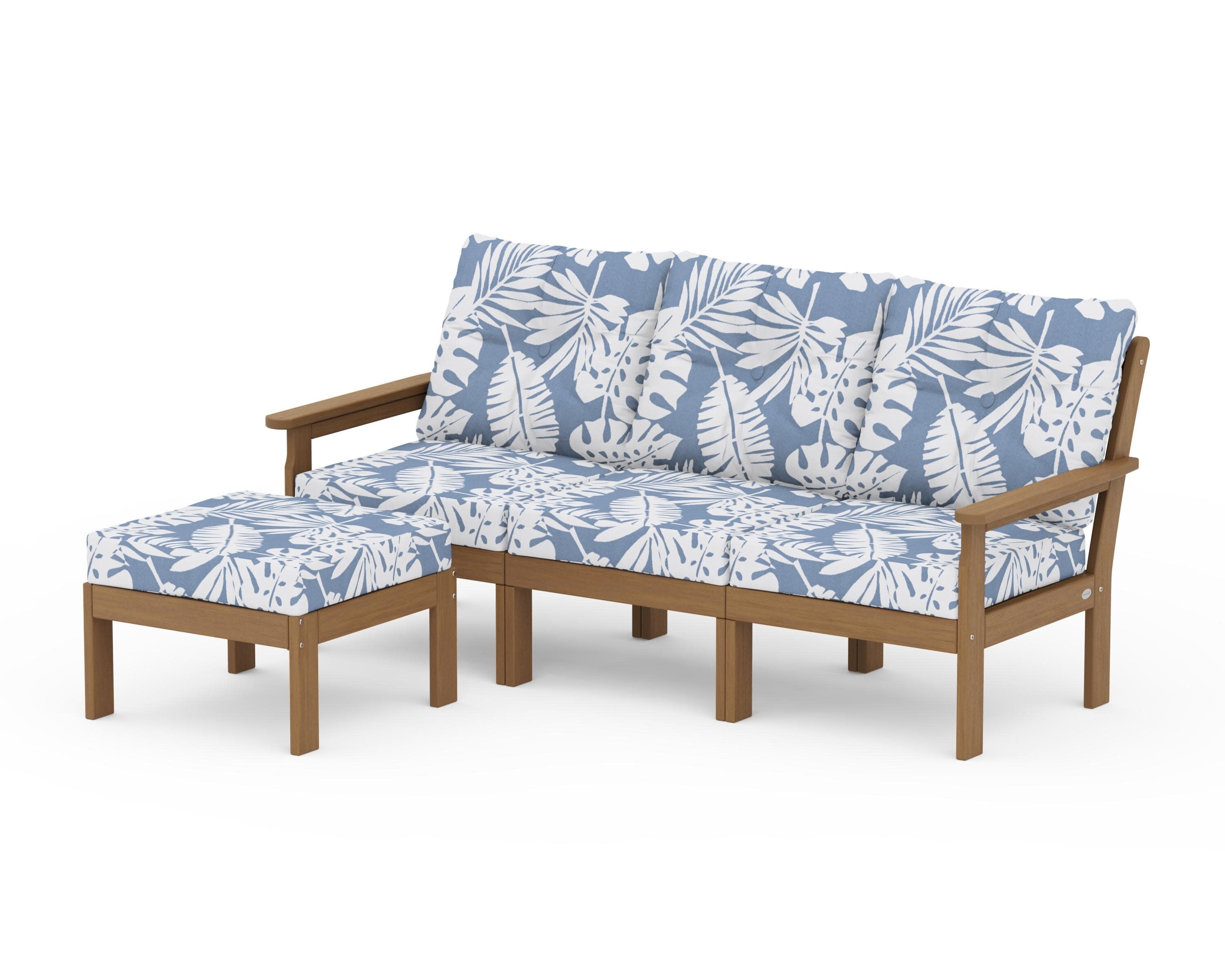 Vineyard 4-Piece Sectional with Ottoman in Natural / Leaf Sky Blue
