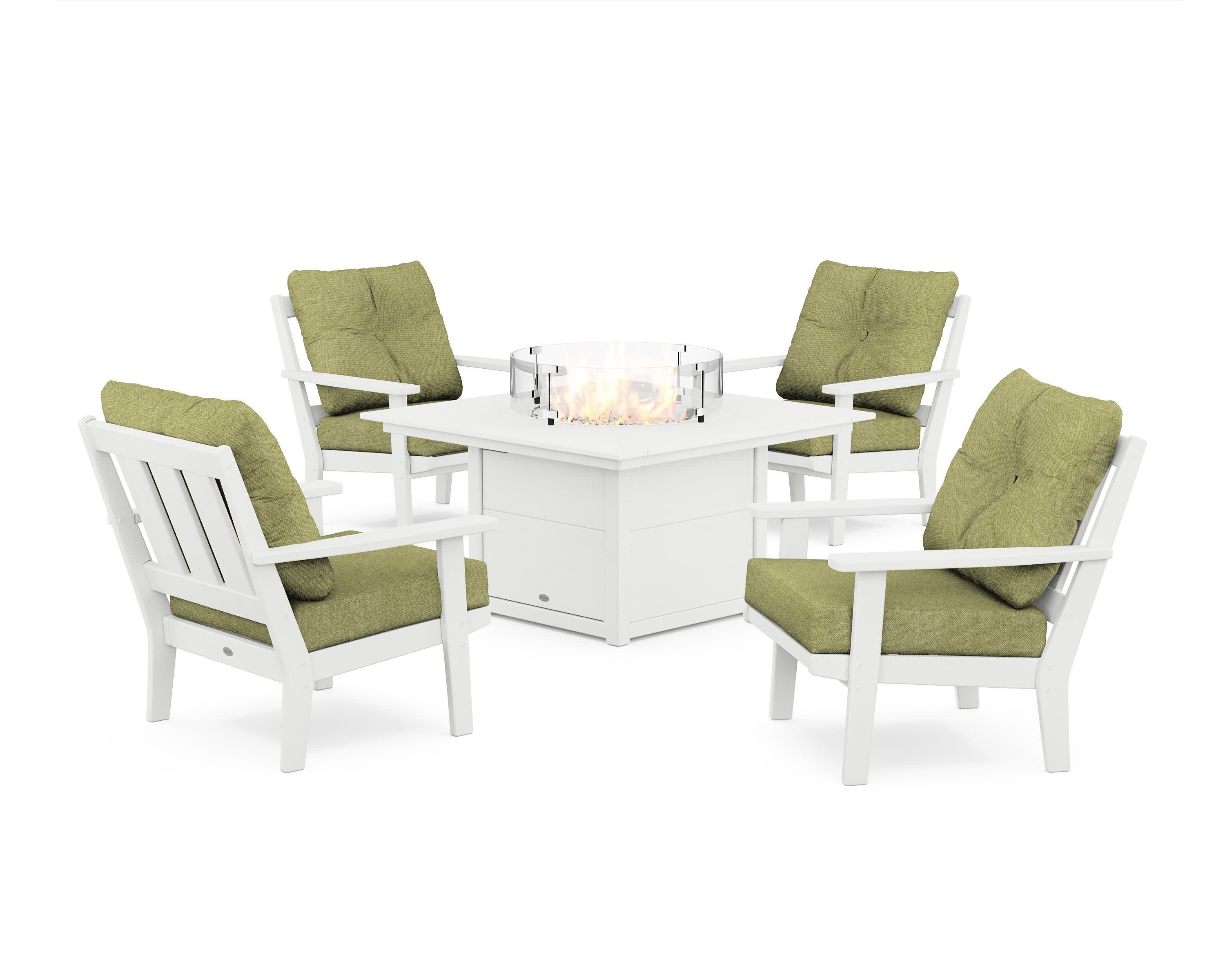 Oxford 5-Piece Deep Seating Set with Fire Pit Table in White / Chartreuse Boucle