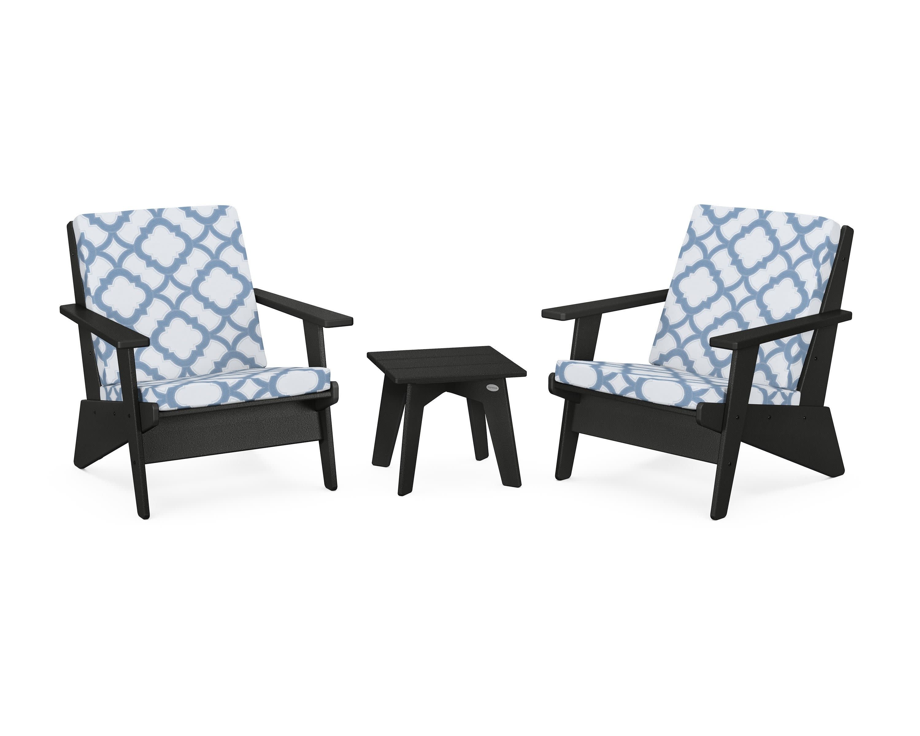 Riviera Modern Lounge 3-Piece Set in Black / Trellis Sky Blue