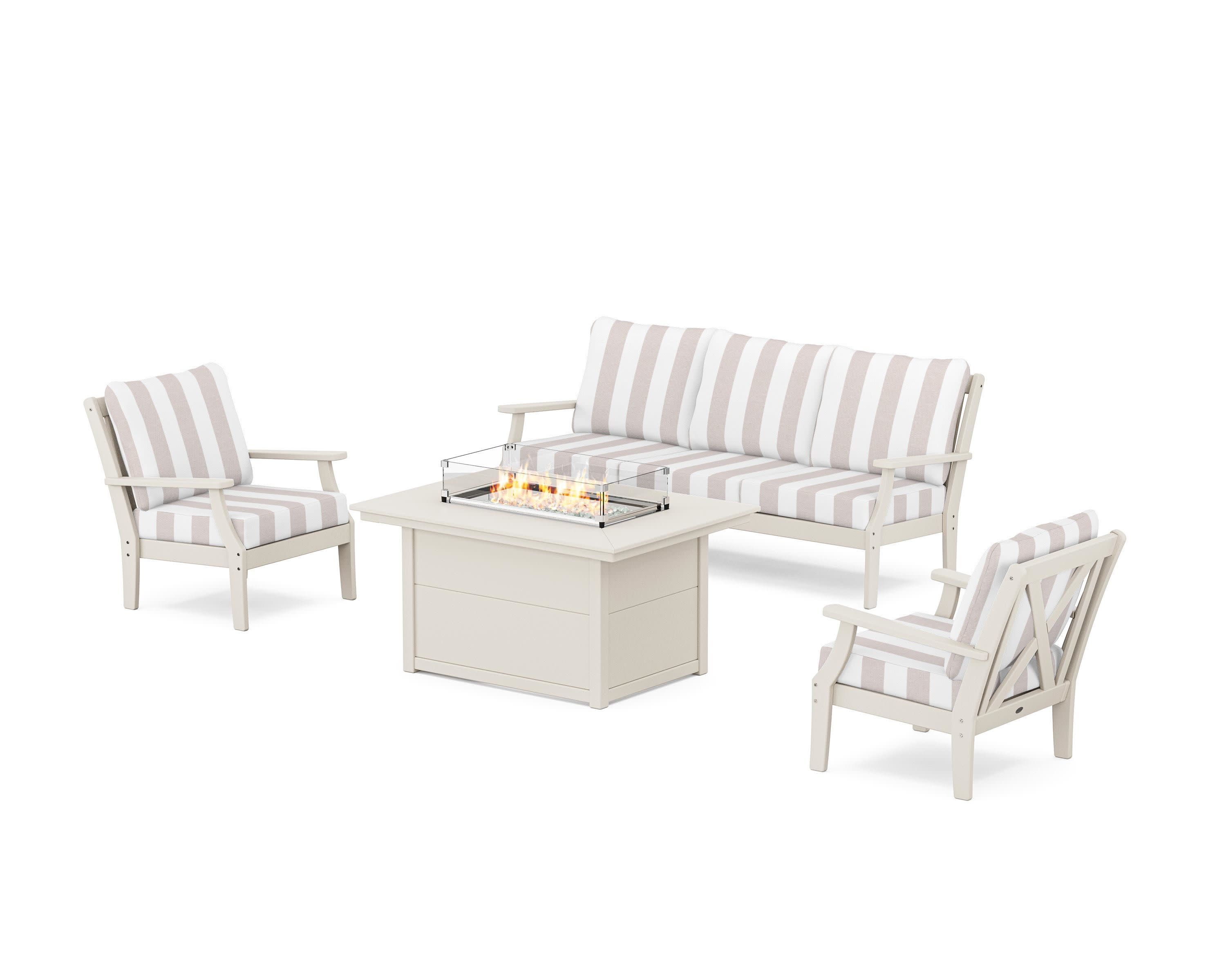 Braxton Deep Seating Fire Pit Table Set in Sand / Cabana Stripe Dune Burlap