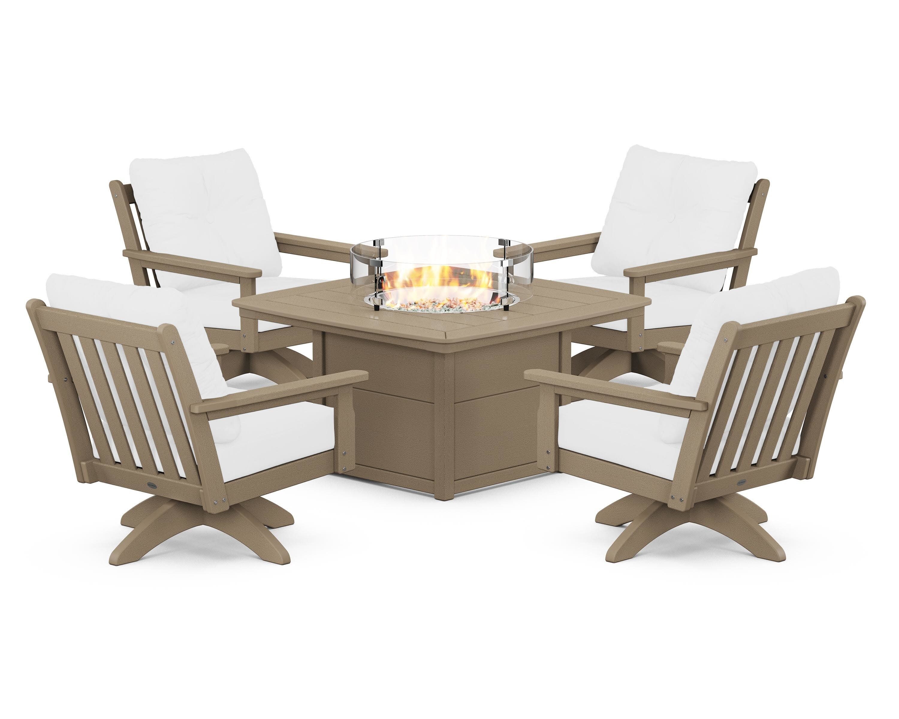 Vineyard 5-Piece Deep Seating Swivel Conversation Set with Fire Pit Table in Vintage Sahara / Natural