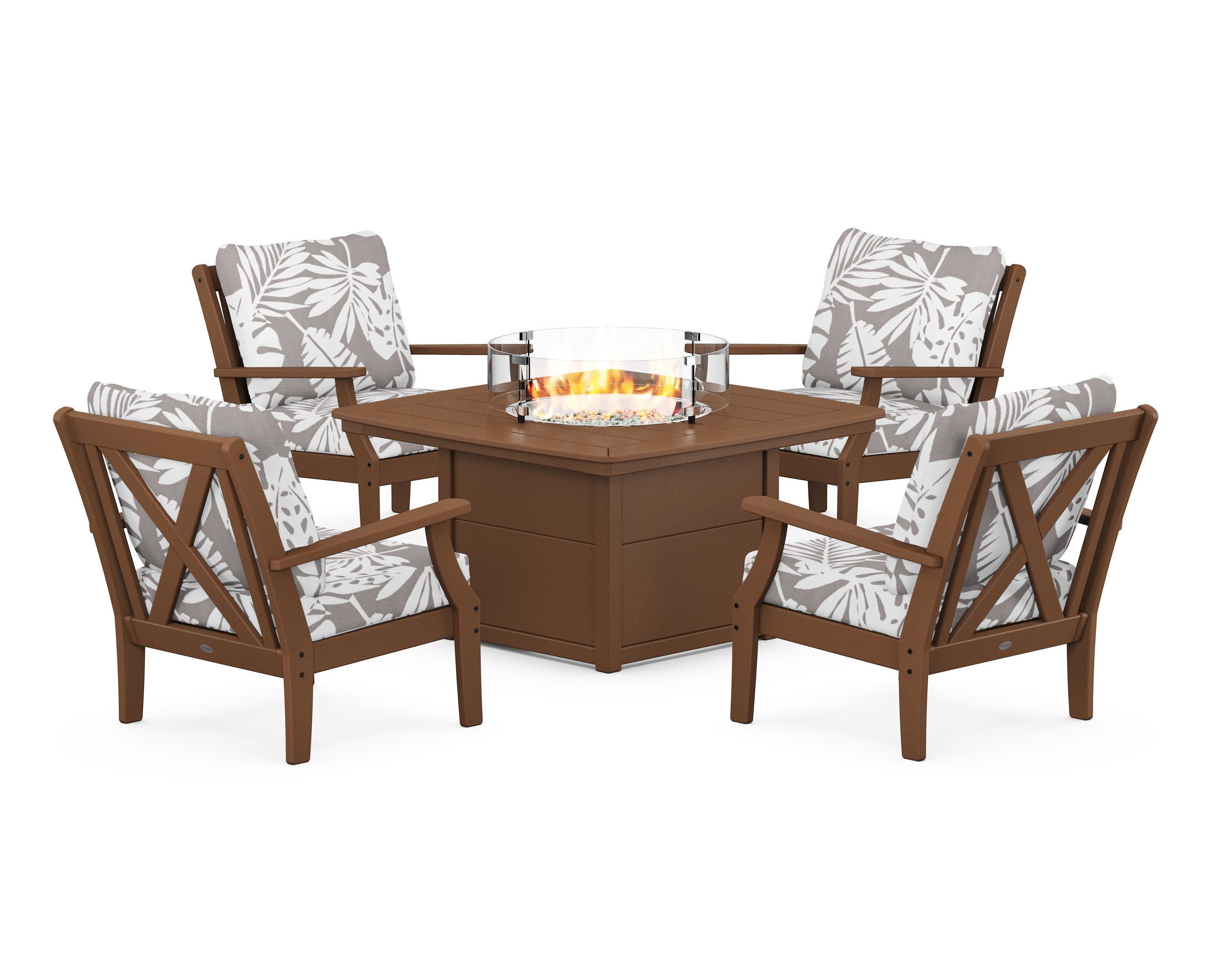 Braxton 5-Piece Deep Seating Conversation Set with Fire Pit Table in Teak / Leaf Grey Mist
