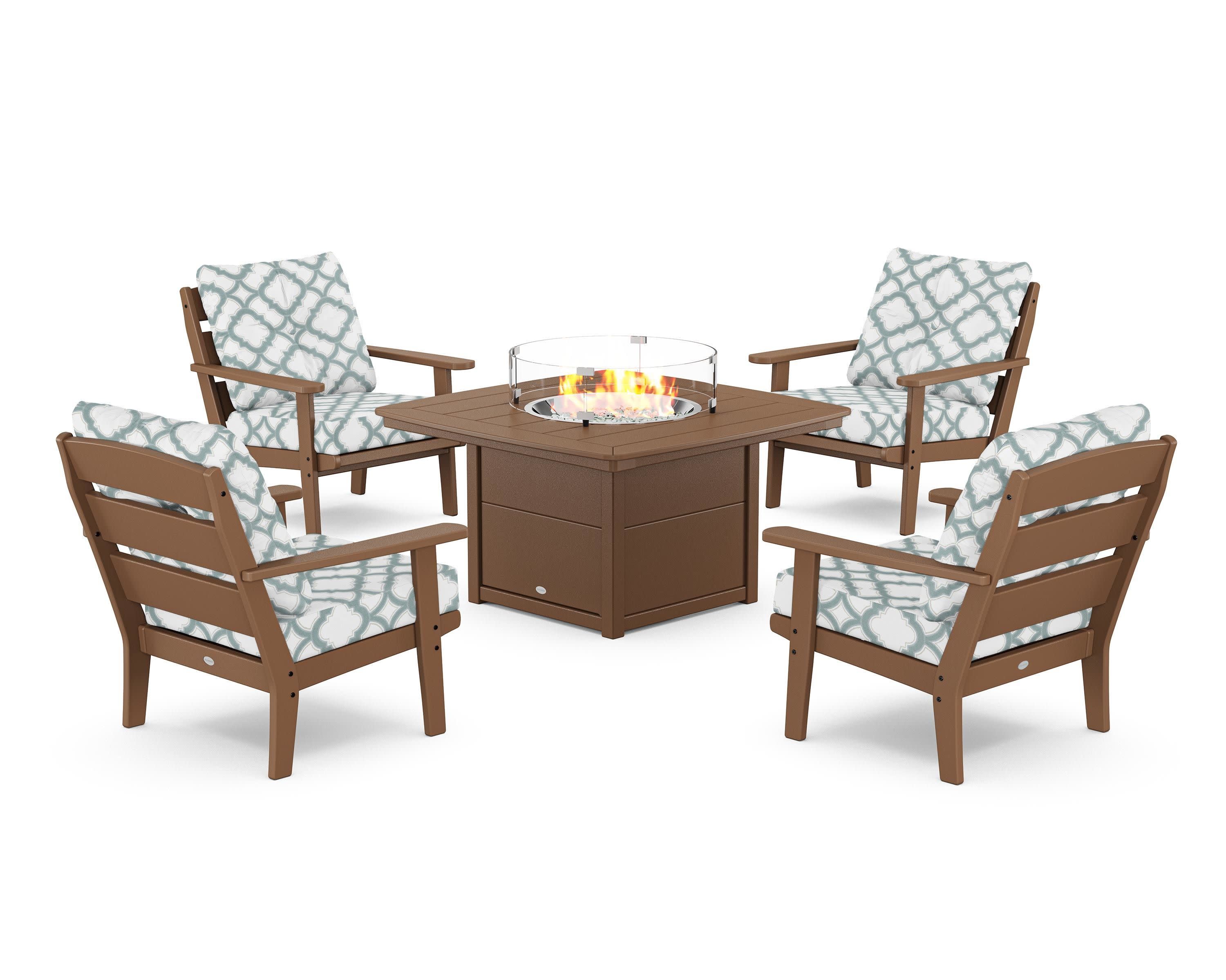 Lakeside 5-Piece Deep Seating Set with Nautical Fire Pit Table in Teak / Trellis Glacier Spa